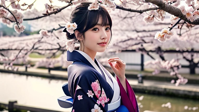 (8K、Raw photo、highest quality、masterpiece:1.2)、super detailed、Super high resolution、(realistic、photo realistic:1.37)、Portrait、High detail RAW color photography、professional photos、very delicate and beautiful、very detailed、 8k wallpaper、grow、finely、huge file size、official art、very detailed CG Unity 8K 壁紙、very detailed美少女、very detailed顔、extremely detailed eye、very detailed肌、very fine fingers、very detailed鼻、very detailed口、perfect anatomy、very detailed背景、very detailed服装、1 girl、(18-year-old:1.2)、10th generation、cute女の子、famous japanese idol、cute、(small breasts:1.2)、realistic body、petite、pure white skin、shiny skin、slender body、good style、black haired、hair tied up、(bangs:1.2)、laughter、cute、young、cute faces、lifelike face、Beautiful eyes、ordering sauce、(cherry blossom pattern kimono:1.4)、intricate embroidery、earrings、(Cherry Blossom Hair Ornament:1.2)、eye、cowboy shot、frontage、standing athletic pose、contrapo、outside the house、(night:1.4)、Japanese style、cherry blossom in full bloom、dynamic lighting、