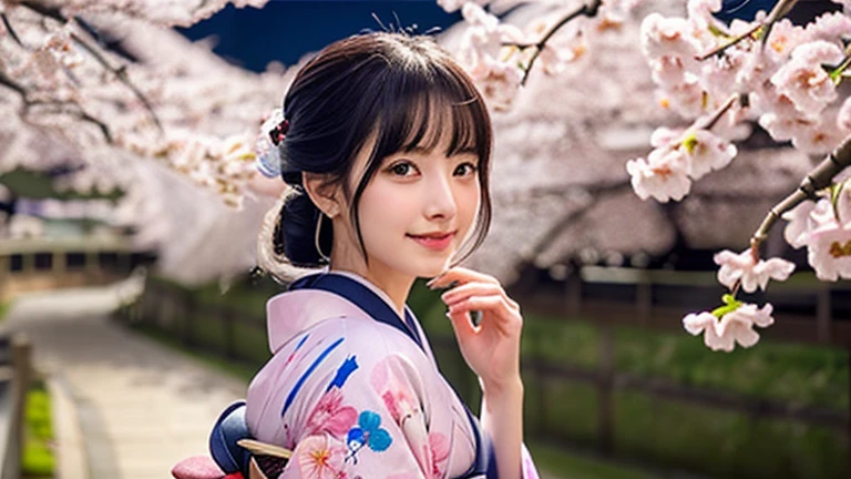 (8K、Raw photo、highest quality、masterpiece:1.2)、super detailed、Super high resolution、(realistic、photo realistic:1.37)、Portrait、High detail RAW color photography、professional photos、very delicate and beautiful、very detailed、 8k wallpaper、grow、finely、huge file size、official art、very detailed CG Unity 8K 壁紙、very detailed美少女、very detailed顔、extremely detailed eye、very detailed肌、very fine fingers、very detailed鼻、very detailed口、perfect anatomy、very detailed背景、very detailed服装、1 girl、(18-year-old:1.2)、10th generation、cute女の子、famous japanese idol、cute、(small breasts:1.2)、realistic body、petite、pure white skin、shiny skin、slender body、good style、black haired、hair tied up、(bangs:1.2)、laughter、cute、young、cute faces、lifelike face、Beautiful eyes、ordering sauce、(cherry blossom pattern kimono:1.4)、intricate embroidery、earrings、(Cherry Blossom Hair Ornament:1.2)、eye、cowboy shot、frontage、standing athletic pose、contrapo、outside the house、(night:1.4)、Japanese style、cherry blossom in full bloom、dynamic lighting、