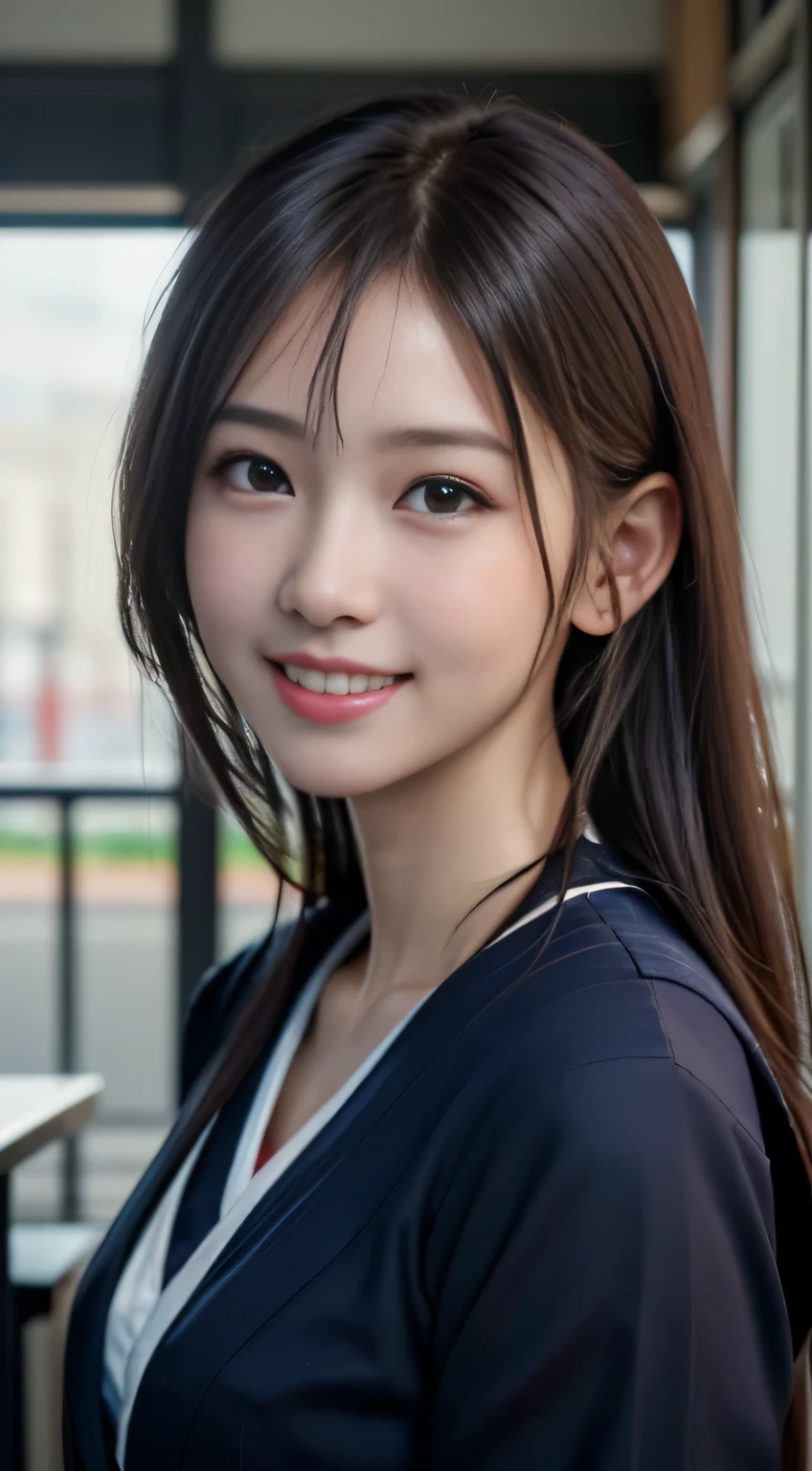 sailor suit、Face Interview, (Photoreal:1.4), (hyper realistic:1.4), (realistic:1.3), (smooth lighting:1.05), (Improve video lighting quality:0.9), 1 female, female, realistic lighting, Backlight, facial light, ray tracing, (cheerfulness:1.2), (Improved image quality:1.4), (Highest quality realistic textured skin), finely tuned, small face, smile, baby face, s, slender body, medium-breasted pointed jaws,,,,,,,,,,,,, Japan idol system, Nogizaka idol, glowing skin, fiery idol pose, P, dull bangs, black hair, hair behind the ear, shoulder hair, long hair,Summer plateau、no makeup、Inside the high school classroom、(紺色の長袖sailor suit:1.5)