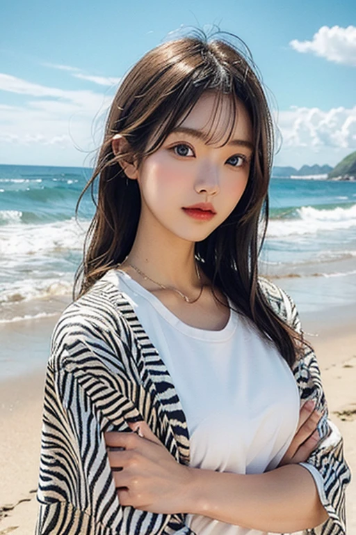realistic pictures、A blonde Japanese 18-year-old girl stands on the beach embankment at daytime and looks out at the ocean.、arms crossed、body facing the sea、The face is looking back at me、Very beautiful and model-like style、Japanese very beautiful and Rin々nice face、slightly darker makeup、Lonely look、Leopard print camisole dress、Wearing a zebra print coat、Zebra print coat is white and black,8K,highest quality,best details