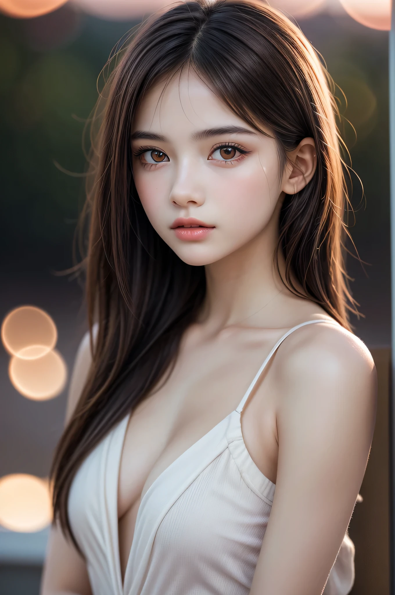 (best quality), (ultra-detailed), (llustration), (detailed light), (an extremely delicate and beautiful), ung girl, brown hair, brown eyes, model, bare shoulders, best quality, extremely detailed CG unified 8k wallpaper, High-definition raw color photos, professional photograpy, (((Bokeh))), depth of fields, twilight, sunset,