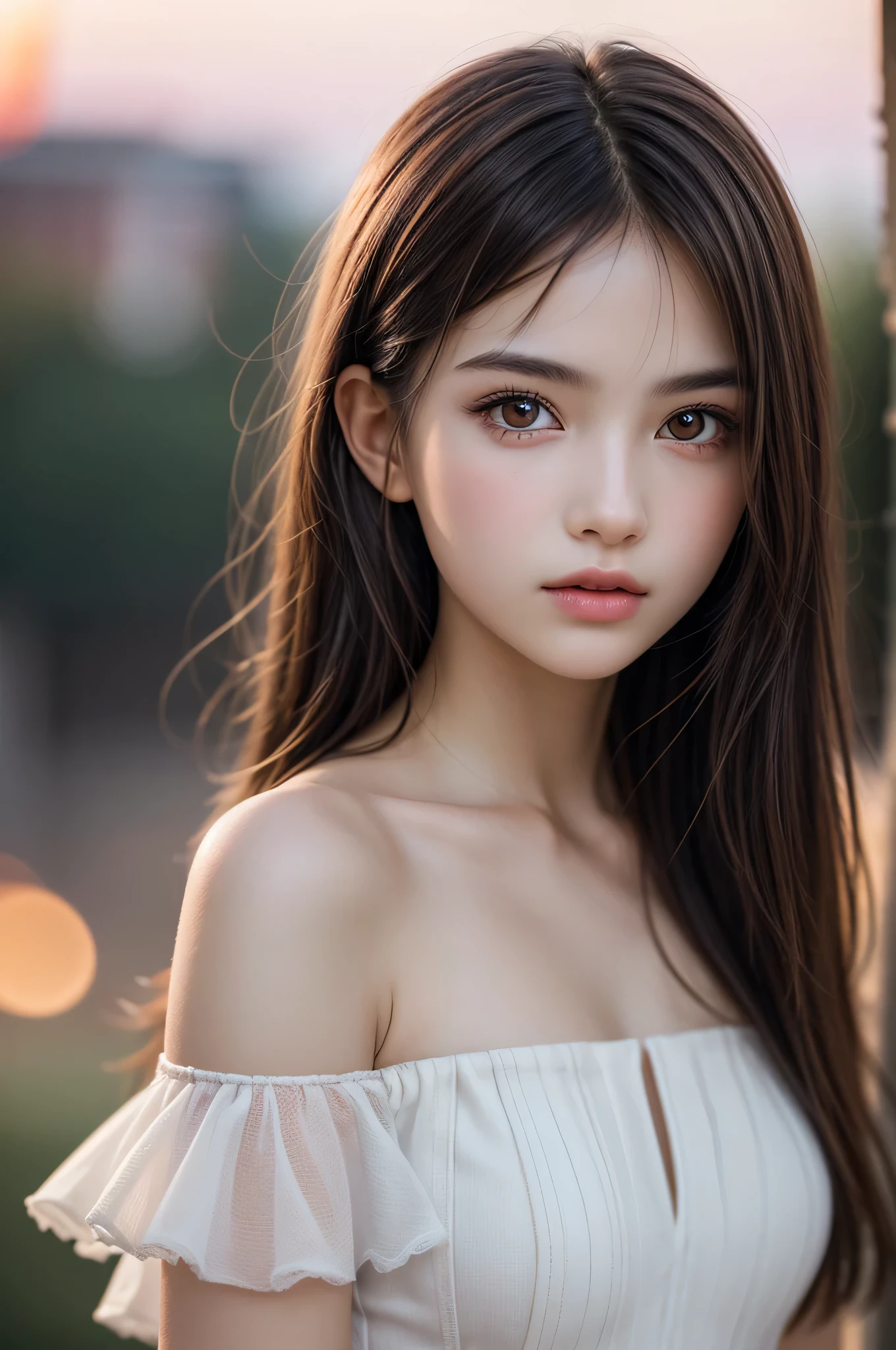 (best quality), (ultra-detailed), (llustration), (detailed light), (an extremely delicate and beautiful), 1young girl, brown hair, brown eyes, model, bare shoulders, best quality, extremely detailed CG unified 8k wallpaper, High-definition raw color photos, professional photograpy, (((Bokeh))), depth of fields, twilight, sunset,