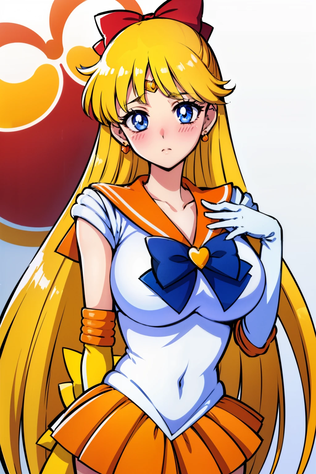 best quality, high resolution, large breasts, MinakoAino, bangs, (sailor Venus ,hair bow, elbow gloves, neck ribbon, bangs, long hair, circlet, jewelry, flower earrings, orange sailor collar), blush, embarrassed, orange skirt