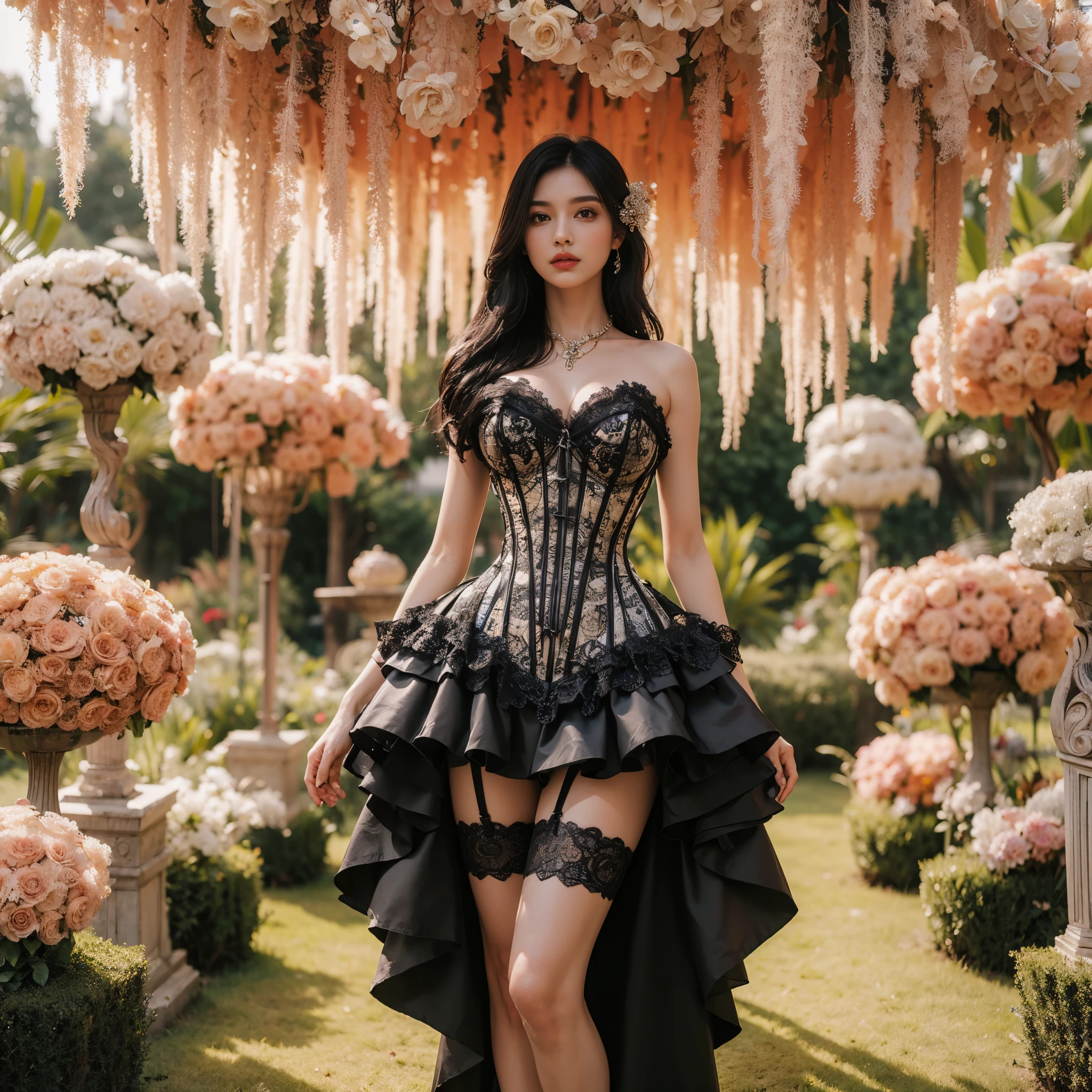 arafed woman with bustier gigantic breast in a corset and dress in front of a building, wearing an ornate outfit, ornate dress, intricate dress, elegant corset, ornate and elegant, extravagant dress, inspired by Hedi Xandt, ornate attire, intricate outfit, ornate royal gown, ornate clothing, ornate gown, intricate and elegant, intricate detailed dress, ornate , royal dress, masterpiece, best quality:1.2),,(8k,highres,RAW photo,realistic,photo-realistic:1.3),(detailed skin texture,detailed cloth texture,beautiful detailed face:1.25),professional lighting,photon mapping,beautiful soft light,radiosity,physically-based rendering,raytracing, model shoot style, model shoot style, (extremely detailed CG unity 8k wallpaper), full shot body photo of the most beautiful artwork in the world,