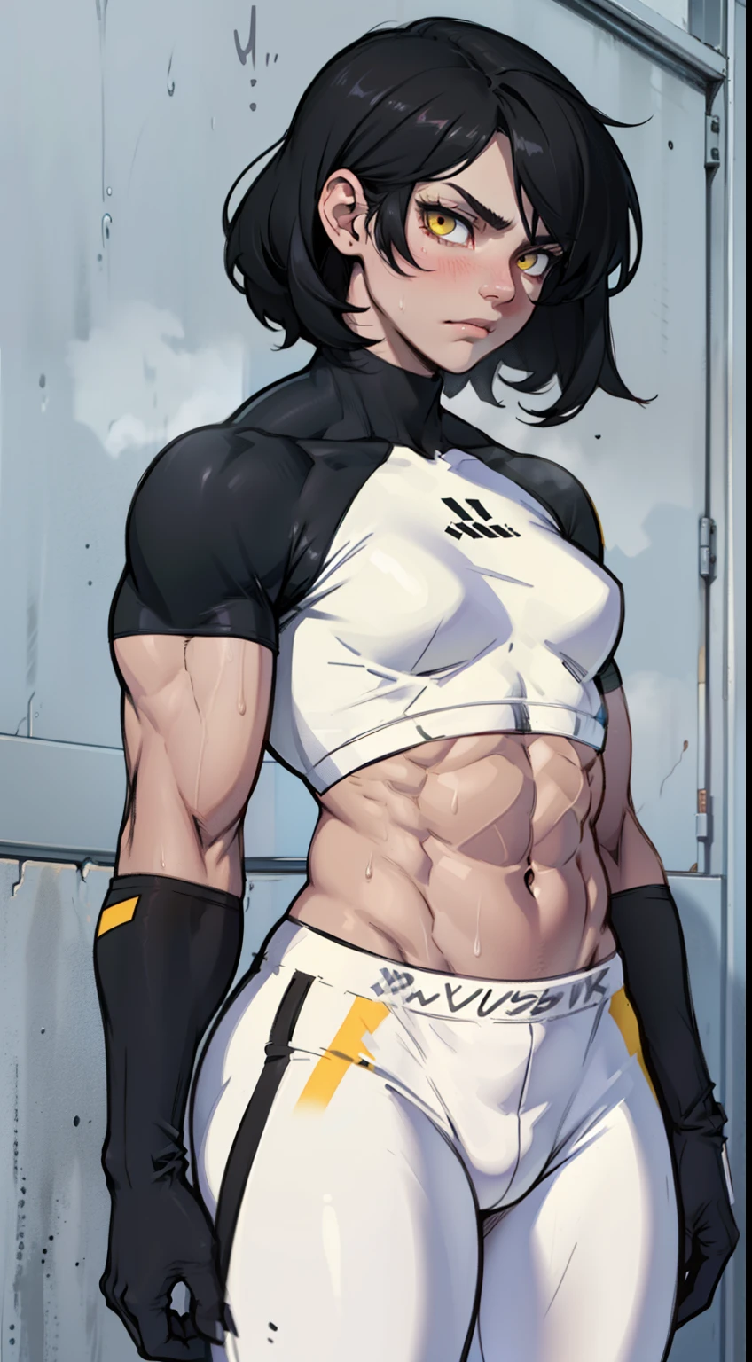 pale (((((girl))))) ((((muscular)))) ((small breasts toned body thick)) expressionless sad black hair yellow eyes pale sweaty skintight midriff thick