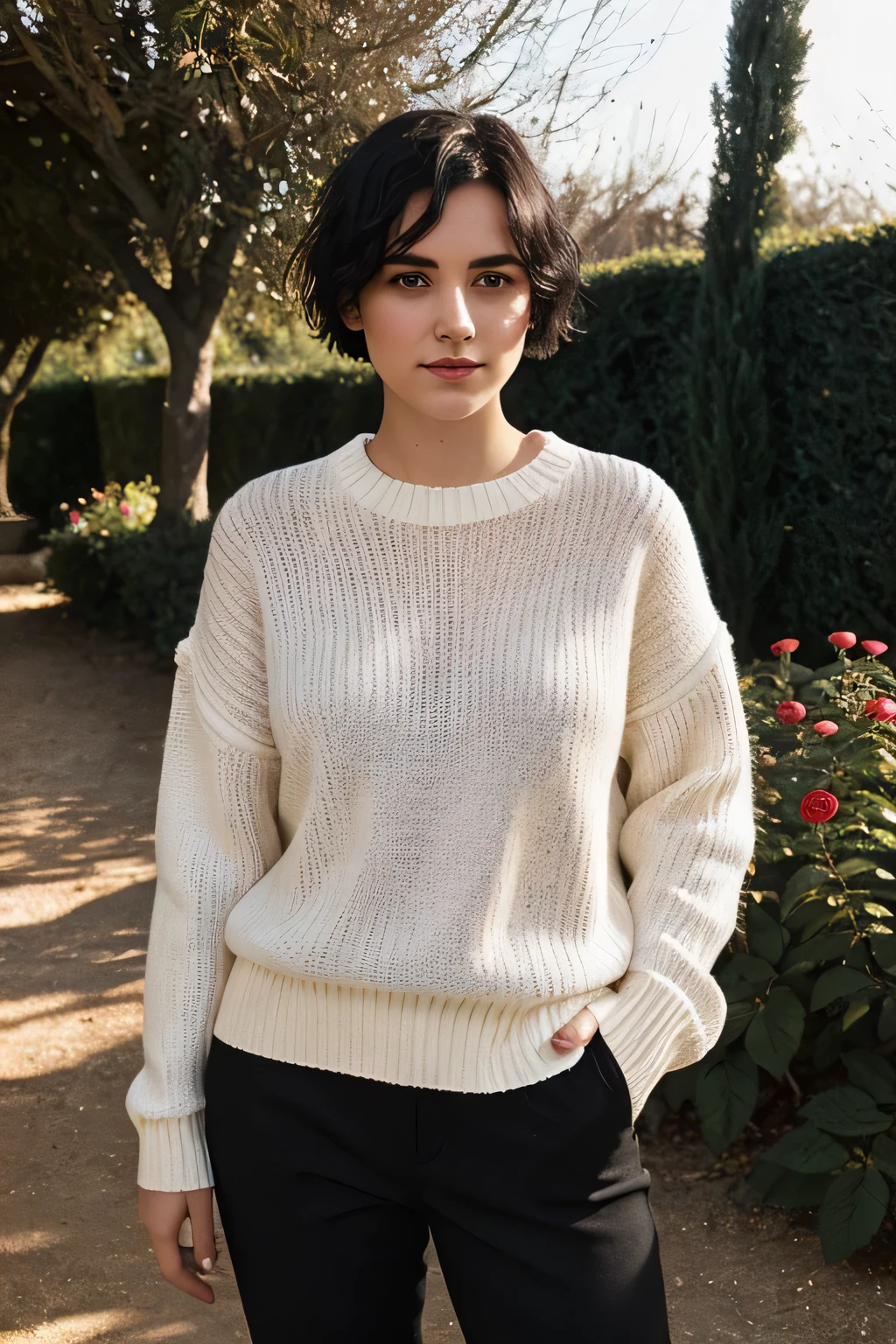 Instagram photo, A 21-year-old French woman, short hair, Black hair, portrait in the garden near roses, sweater, split, pale, hard shadows
