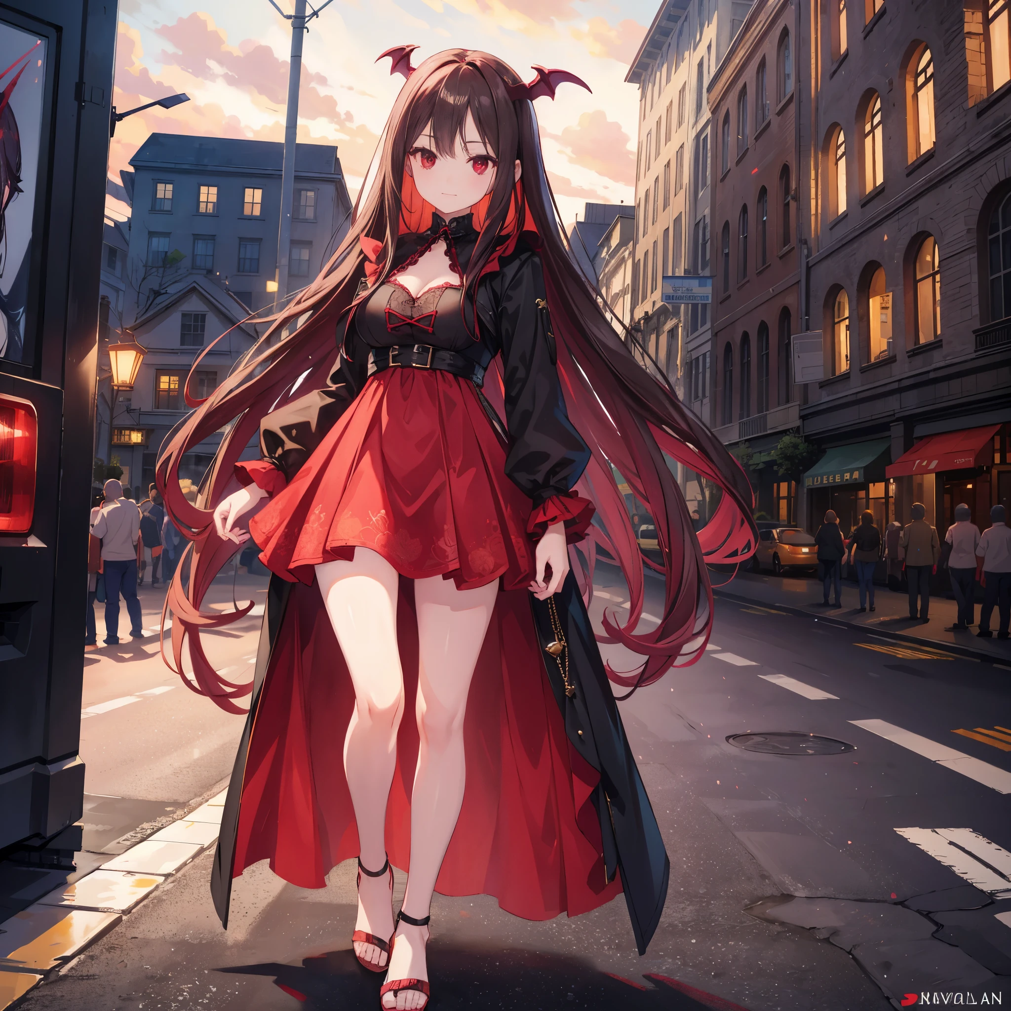 (((Top quality and highly detailed photorealism))),((Vampire Woman: Red Eyes、Very ),(Walk gracefully along bustling boulevards),(In the moonlight),(a scene from a movie:1.2))
