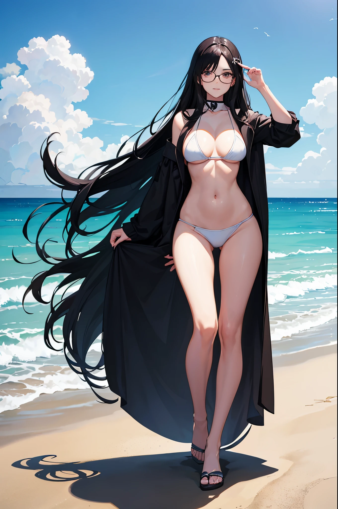 1woman, long black hair, glasses, white bikini, beach, standing on ground, high res, ultra sharp, 8K, masterpiece