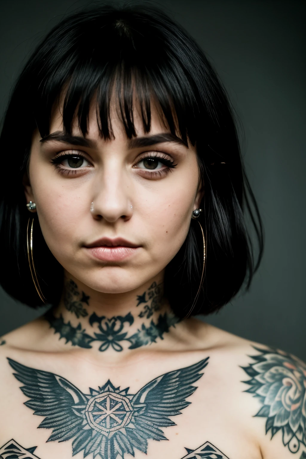 ((beste Qualität)), ((Meisterwerk)), (detailliert), perfektes Gesicht,
cute girl, dark hair, emo, tattoos, neck tattoo, tear running down her cheek, dark background, big eyes, sad emotion in face, septum piercing, beautiful girl, perfect face, looking straight at camera