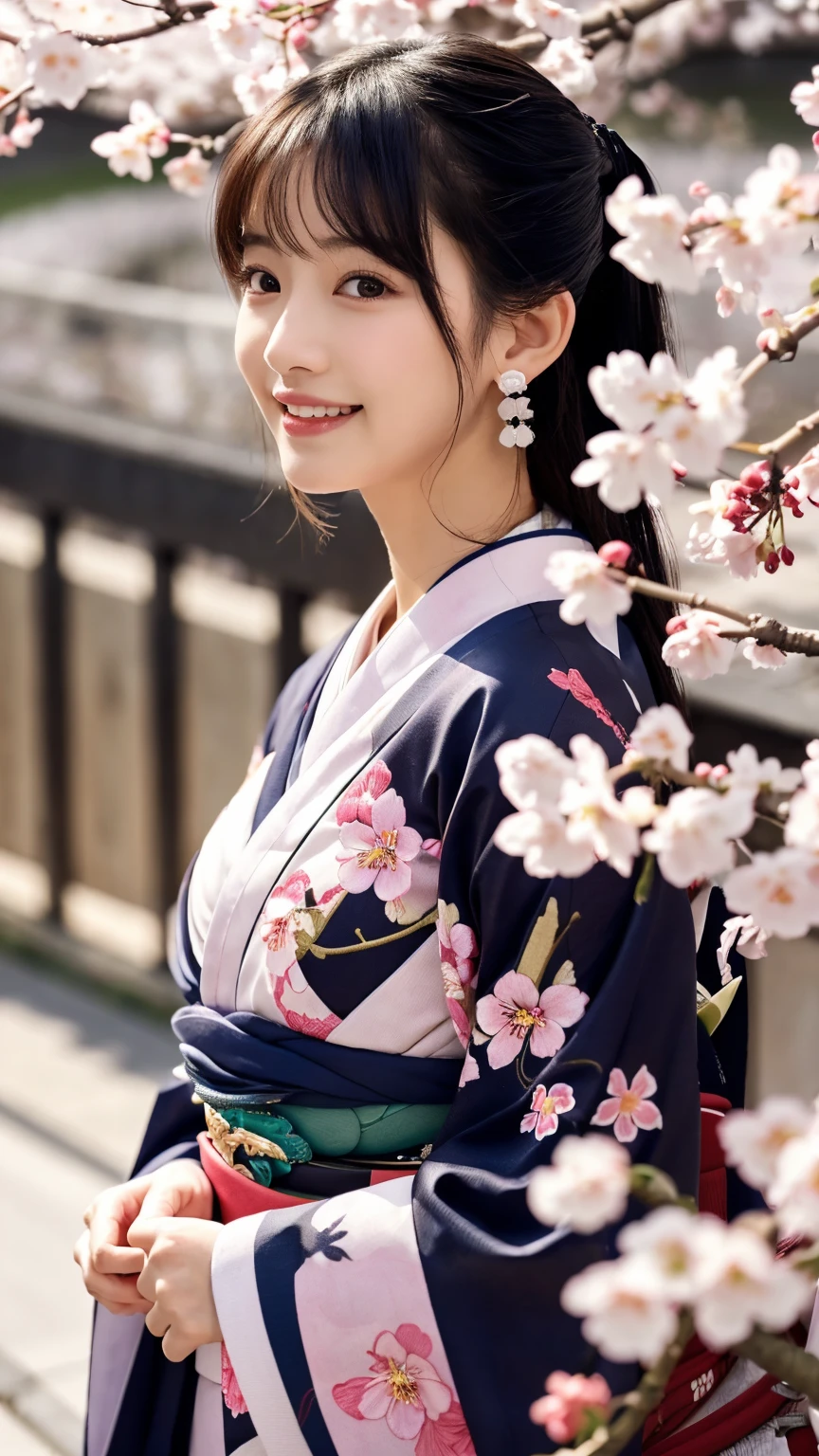 (8K、Raw photo、highest quality、masterpiece:1.2)、super detailed、Super high resolution、(realistic、photo realistic:1.37)、Portrait、High detail RAW color photography、professional photos、very delicate and beautiful、very detailed、 8k wallpaper、grow、finely、huge file size、official art、very detailed CG Unity 8K 壁紙、very detailed美少女、very detailed顔、extremely detailed eye、very detailed肌、very fine fingers、very detailed鼻、very detailed口、perfect ???????、very detailed背景、very detailed服装、1 girl、(18-year-old:1.2)、10th generation、cute女の子、famous japanese idol、cute、(small breasts:1.2)、realistic body、petite、pure white skin、shiny skin、slender body、good style、black haired、hair tied up、(bangs:1.2)、laughter、cute、young、cute faces、lifelike face、Beautiful eyes、ordering sauce、(cherry blossom pattern kimono:1.4)、intricate embroidery、earrings、(Cherry Blossom Hair Ornament:1.2)、eye、cowboy shot、frontage、standing athletic pose、contrapo、outside the house、(night:1.4)、Japanese style、cherry blossom in full bloom、dynamic lighting、