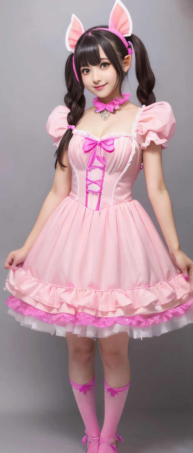 dark fairy tale idol、Full body Esbian、fluorescent pink costume、is emitting light、Good Style、pigtails