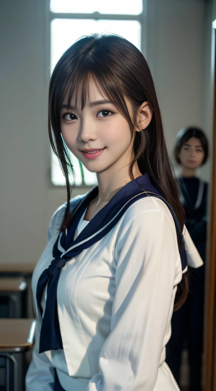 sailor suit、Face Interview, (Photoreal:1.4), (hyper realistic:1.4), (realistic:1.3), (smooth lighting:1.05), (Improve video lighting quality:0.9), 1 female, 16 year old female, realistic lighting, Backlight, facial light, ray tracing, (cheerfulness:1.2), (Improved image quality:1.4), (Highest quality realistic textured skin), finely tuned, small face, smile, baby face, red cheeks, slender body, medium-breasted pointed jaws,,,,,,,,,,,,, Japan idol system, Nogizaka idol, glowing skin, fiery idol pose, P, dull bangs, black hair, hair behind the ear, shoulder hair, long hair，Summer plateau、no makeup、Inside the high school classroom、(紺色の長袖sailor suit:1.5)