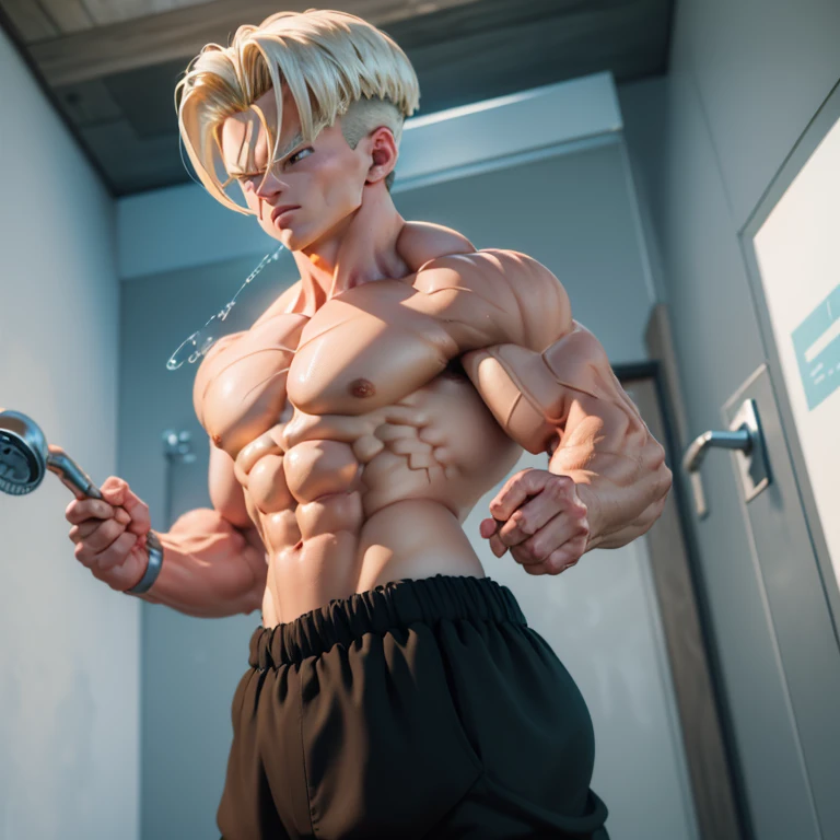 (Eine detaillierte Zeichnung von trunks, bodybuilding shower room), nackt unter der Dusche, Water flows over his naked muscular body, Wet body, gamz body image, Barefoot, bare body, keine Kleidung, keine Hose 