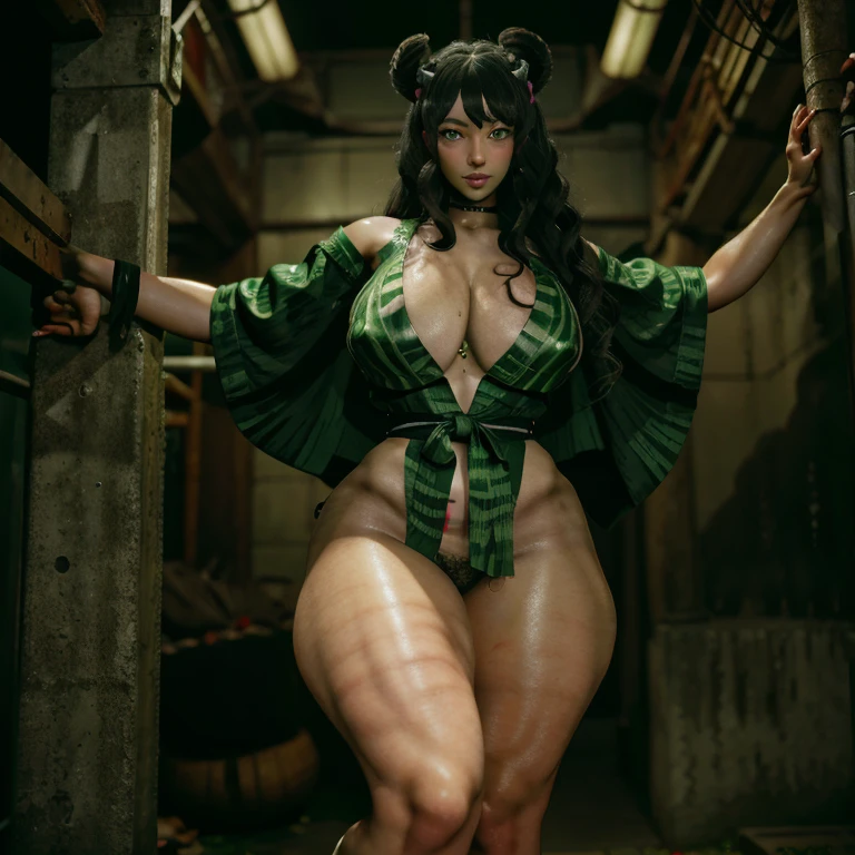 A demon girl she has black skin with curly hair goes over her green eyes. There are markings all over her body that are like ribbons twirling from her ankle up to her face that glow green when she uses her blood demon art and wears a ripped kimono