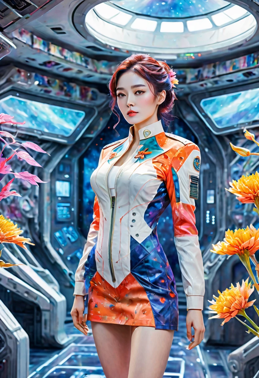 Full body portrait of 24 year old female starship captain on futuristic sci-fi background，Emphasizing her entire figure and starship interior。She wears a stylish modern captain，Stand confidently，It is both fashionable and shows off her military rank.。Her expression is calm、Calm and a touch of cuteness all in one，People fell in love with it immediately。The background shows the interior of a starship，Advanced technical control、Screens and futuristic design elements，Enhanced science fiction theme。This scene should reflect her leadership skills and the advanced environment of the starship，Portraying her as a competent and admirable captain in the future world, (floral watercolor painting:1.5)，(Super high saturation, bright and vivid colors:1.5), (nsfw), (Look at the audience head-on:1.5)