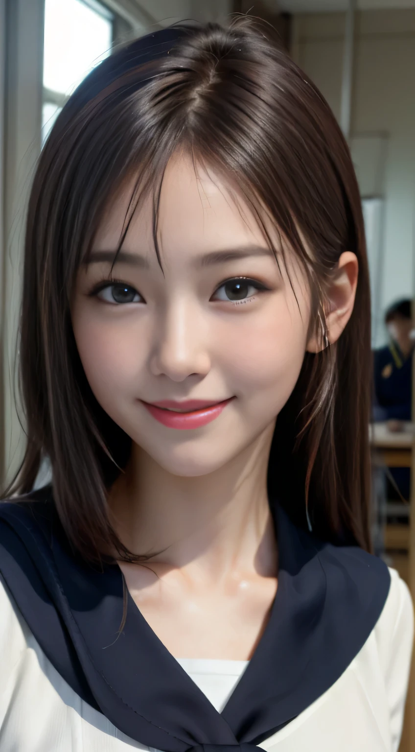 sailor suit、Face Interview, (Photoreal:1.4), (hyper realistic:1.4), (realistic:1.3), (smooth lighting:1.05), (Improve video lighting quality:0.9), 1 female, 16 year old female, realistic lighting, Backlight, facial light, ray tracing, (cheerfulness:1.2), (Improved image quality:1.4), (Highest quality realistic textured skin), finely tuned, small face, smile, baby face, red cheeks, slender body, medium-breasted pointed jaws,,,,,,,,,,,,, Japan idol system, Nogizaka idol, glowing skin, fiery idol pose, P, dull bangs, black hair, hair behind the ear, shoulder hair, long hair，Summer plateau、no makeup、Inside the high school classroom、(紺色の長袖sailor suit:1.5)