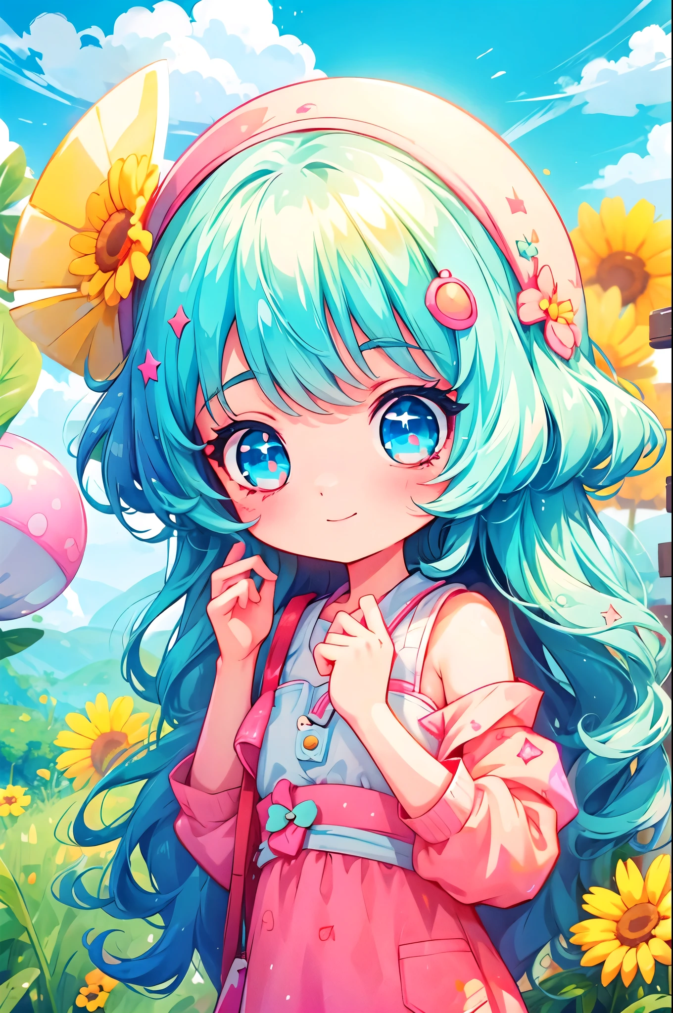 girl with、Clean hair ornament, Cute surreal body bien、(Detailed eyes, Eyes Like Gems, Sparkling eyes:1.3) , A smile, Blue sky、Cute shoes