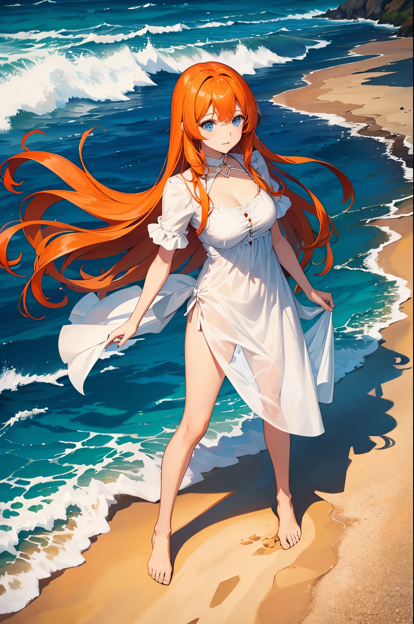 1woman, orange hair, long hair, blue eyes, summer dress, beach, standing on ground, high res, ultra sharp, 8K, masterpiece