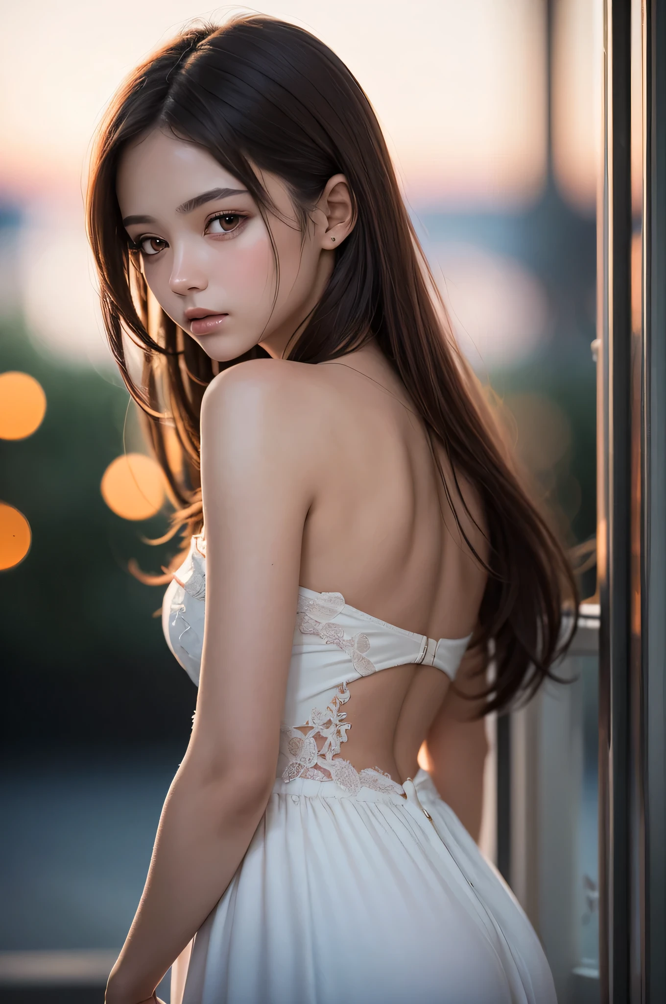 (best quality), (ultra-detailed), (illustration), (detailed light), (an extremely delicate and beautiful), 1young girl, brown hair, brown eyes, model, bare shoulders, best quality, extremely detailed CG unified 8k wallpaper, High-definition raw color photos, professional photograpy, (((Bokeh))), depth of fields, twilight, sunset,