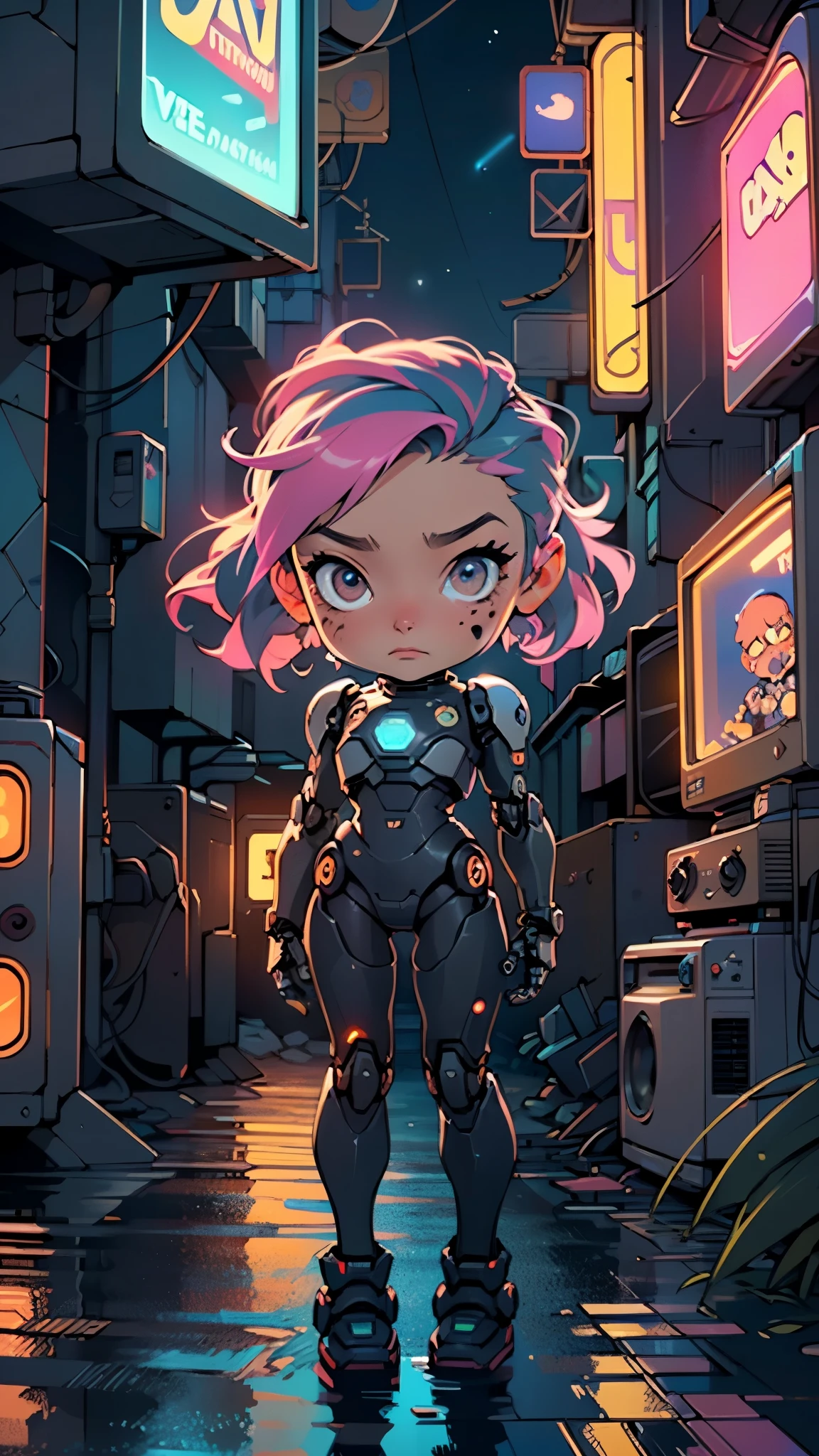(((TV robot with mechanical arms and legs))),
(((tiny little robot chibi))) with ((((TV head)))). He has (((shaped like a cube with mechanical arms and legs))),and a (((screen on his face))) that displays emoticons and coded messages,Strange head, black tv head,detailed TV head,intricate robot,
(((Object_head,televison_head))),
(dynamic pose:1.0),solo focus,(centered,scale to fit dimensions,Rule of thirds),
cyberpunk city by the ocean at night, with bright neon signs and dark stormy clouds and puddles, scenery:1.25,nighttime, starry night, cosmos,Very dark night that makes the neon lights stand out, very bright neon lights,nighttime, starry night, cosmos,
artistic photography,(photography taken by sldr),highres, sharp focus, (ultra detailed, extremely detailed), (photorealistic artwork:1.37),(extremely detailed CG unity 8k wallpaper),((synthwave background theme)),(((vibrant colors))),(intricate background),(masterpiece),(best quality)