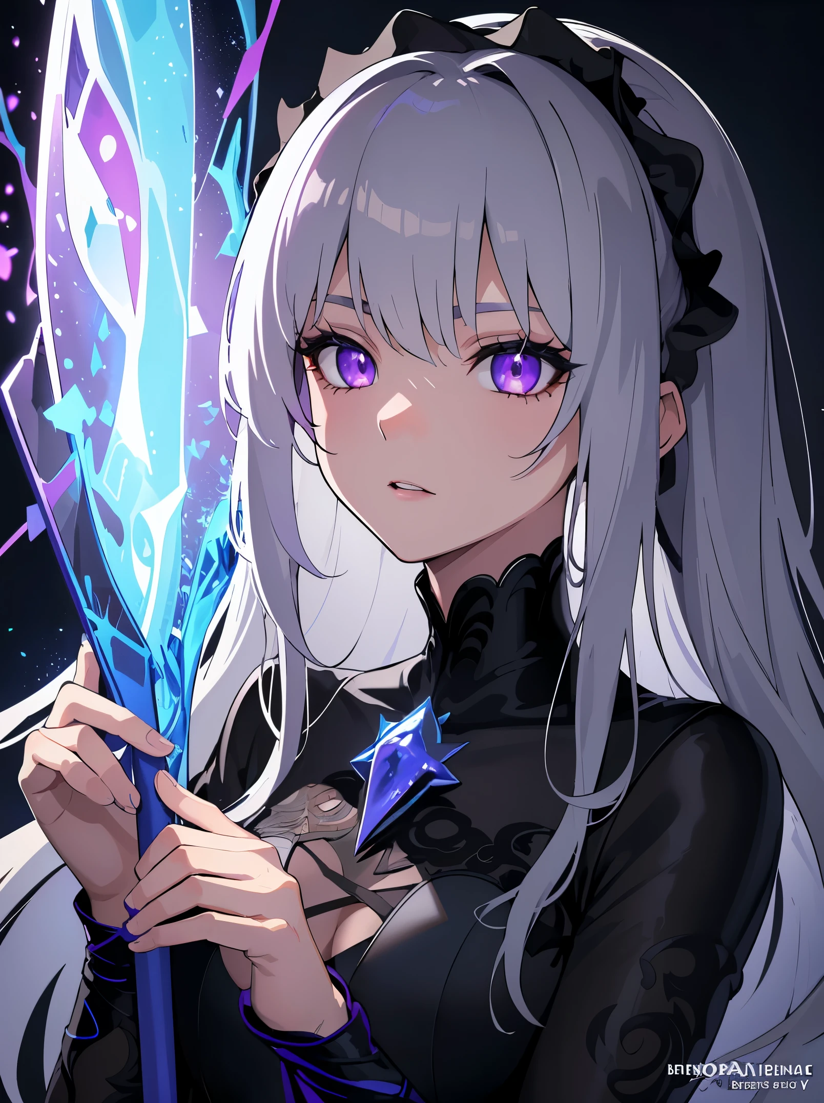 (masterpiece, highest quality, super detailed, best shadow), (detailed background,dark fantasy), (beautiful detailed face), high contrast, (best illumination, very delicate and beautiful), ((cinematic light)), colorful, hyper detail, dramatic light, intricate details, (1 girl, alone,gray hair, sharp face,purple eyes, hair between eyes,dynamic angle), blood splatter, Black light swirls around the character, Depth of bounds written,Black light particles,(Broken glass),magic circle,