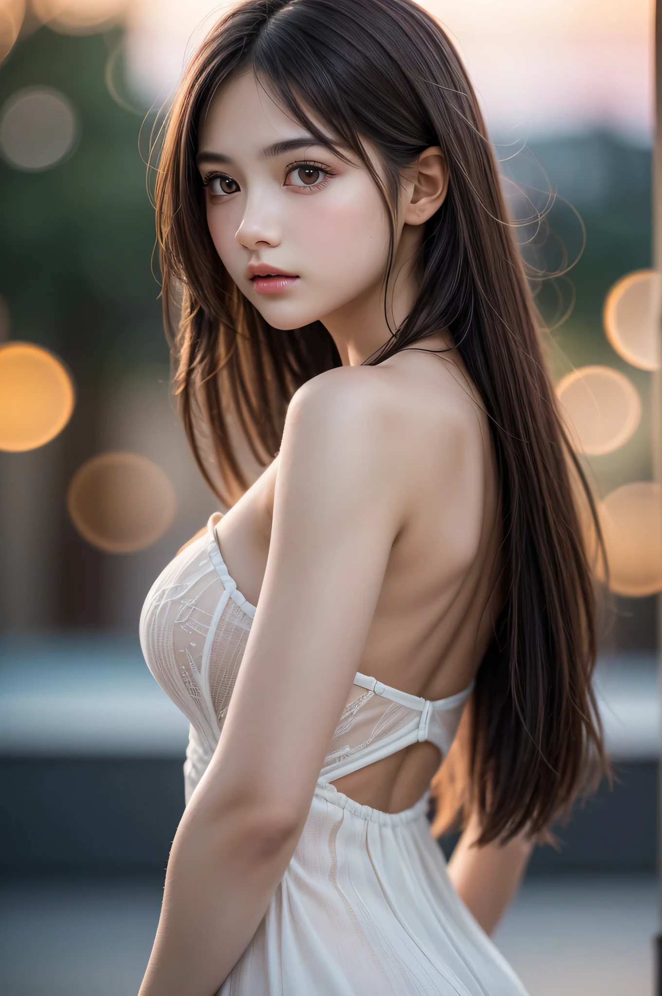 (best quality), (ultra-detailed), (llustration), (detailed light), (an extremely delicate and beautiful), 1young girl, brown hair, brown eyes, model, bare shoulders, best quality, extremely detailed CG unified 8k wallpaper, High-definition raw color photos, professional photograpy, (((Bokeh))), depth of fields, twilight, sunset,