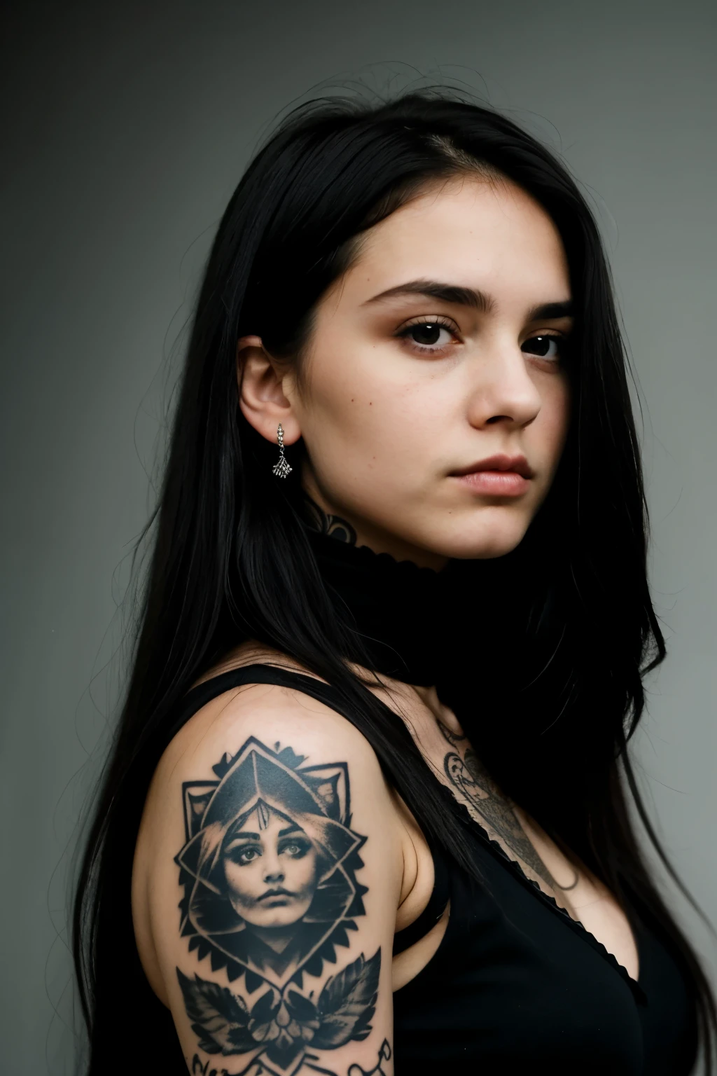 ((beste Qualität)), ((Meisterwerk)), (detailliert), perfektes Gesicht,
cute girl, long dark hair, emo, tattoos, neck tattoo, tear running down her cheek, dark background, big eyes, sad emotion in face, septum piercing, beautiful girl, perfect face, looking straight at camera, metalcore
