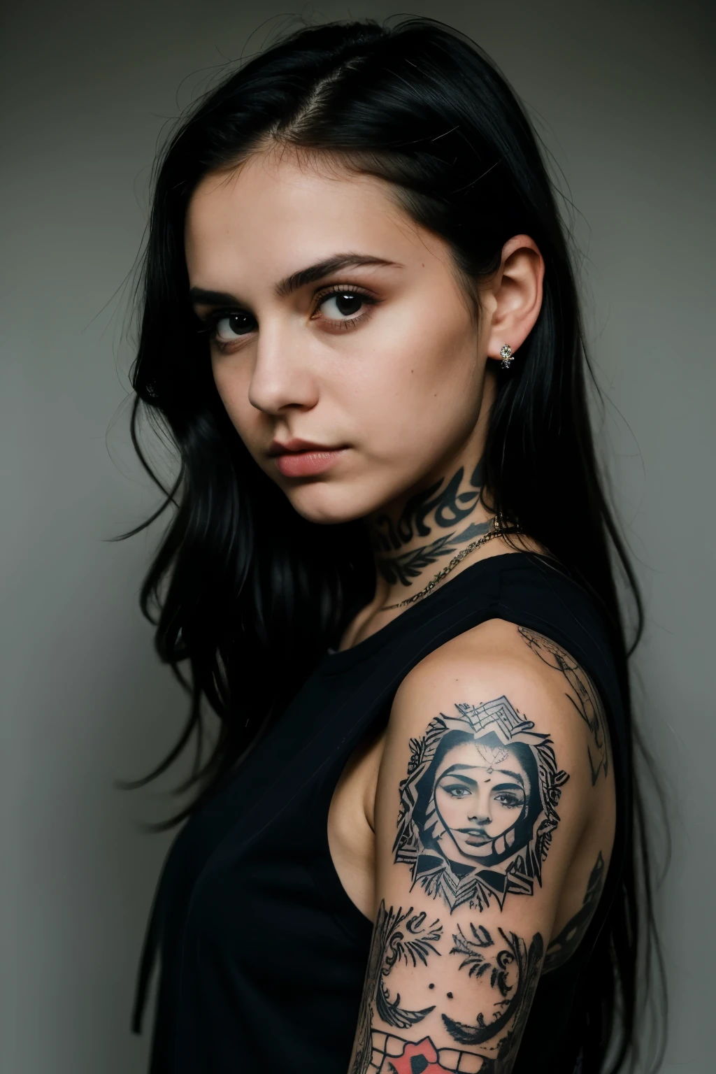 ((beste Qualität)), ((Meisterwerk)), (detailliert), perfektes Gesicht,
cute girl, dark hair, emo, tattoos, neck tattoo, tear running down her cheek, dark background, big eyes, sad emotion in face, septum piercing, beautiful girl, perfect face, looking straight at camera, metalcore