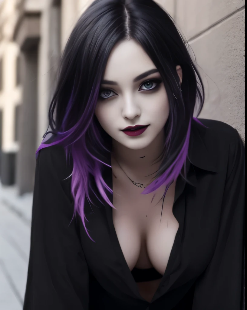 1girl, solo, emo , emo hair , long hair, eyeshadow, mascara, colored hair , black lips, black eyes, dark eyes , oversized shirt, outdoors , highly detailed portrait , leaning forward , downblouse, smile, large breasts