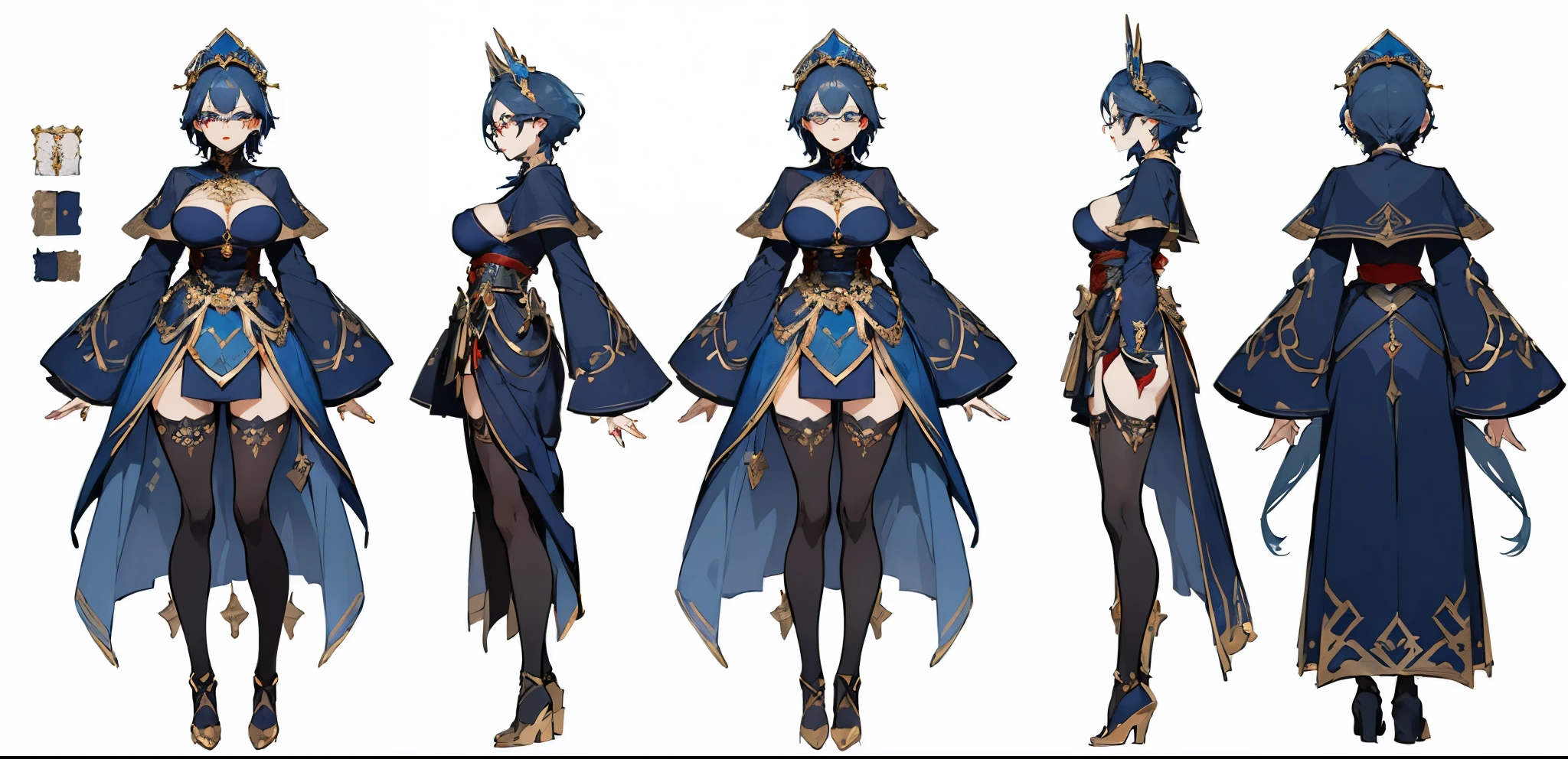 ((masterpiece, top quality)), detailed face, character sheets, full body, full of details, Multiple poses and expressions, highly detailed, Depth, many parts, 1 (huge breasts) beautiful mature woman, ((blue hair) very short dark hair, red lips, blue eyes, glasses) (black scholar outfit with gold trim), accessories, earrings, fantasy headdress, serious look.
