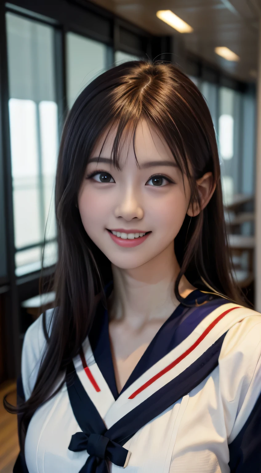 sailor suit、Face Interview, (Photoreal:1.4), (hyper realistic:1.4), (realistic:1.3), (smooth lighting:1.05), (Improve video lighting quality:0.9), 1 female, 16 year old female, realistic lighting, Backlight, facial light, ray tracing, (cheerfulness:1.2), (Improved image quality:1.4), (Highest quality realistic textured skin), finely tuned, small face, smile, baby face, red cheeks, slender body, medium-breasted pointed jaws,,,,,,,,,,,,, Japan idol system, Nogizaka idol, glowing skin, fiery idol pose, P, dull bangs, black hair, hair behind the ear, shoulder hair, long hair,Summer plateau、no makeup、Inside the high school classroom、(紺色のsailor suit:1.5)
