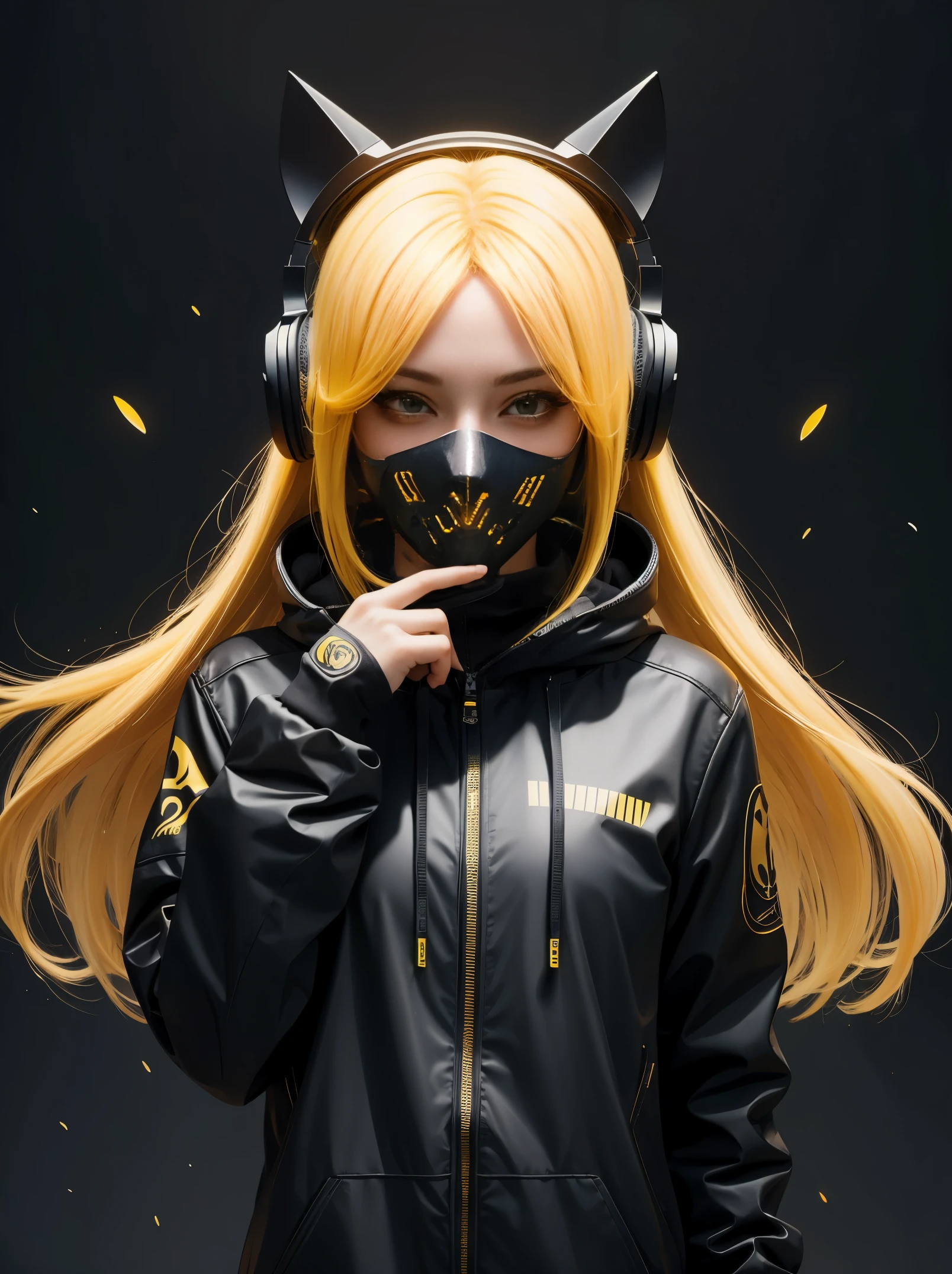 girl with long yellow hair, yellow eyes, futuristic atmosphere, Mask on the mouth, headphones, 8K, high quality, simple background, shining eyes, nice pose