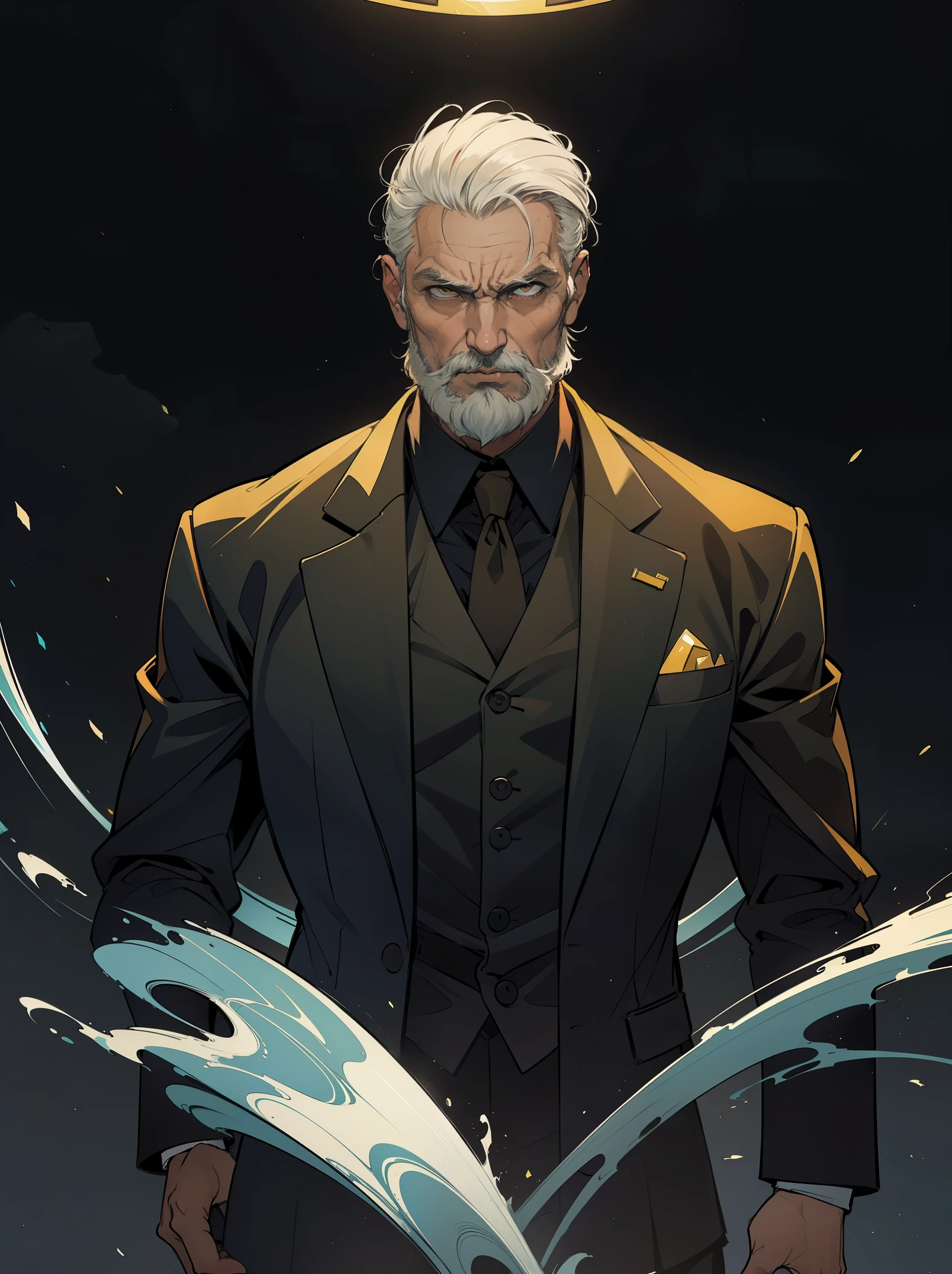 masterpiece:1.2, highest quality, disorganized, stained glass background, dark lighting, action shot, gritty, Man in a suit, Science fiction, Old man with combed white hair and beard, central portrait, in style of kentaro miura, (1 male), masculine man, somber expression, comics, Complex, surreal, Yellow filled halo behind his head as a symbol of the hanged man,