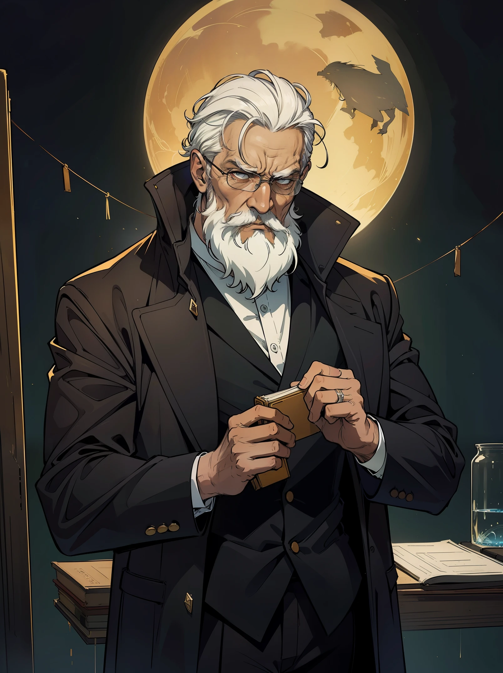 old man with silver hair and beard, elegant, trader, fantasy