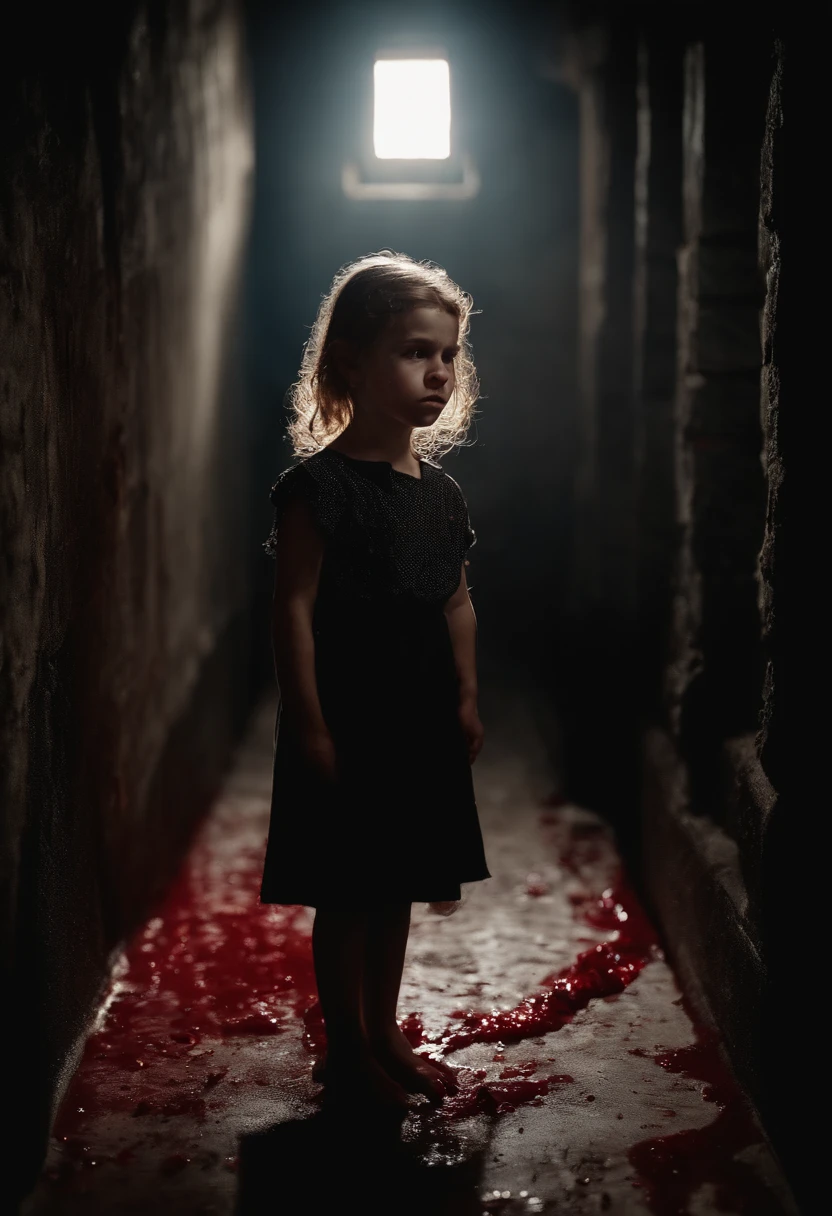a sad, damaged and ugly in a sad black cellar with blood and death