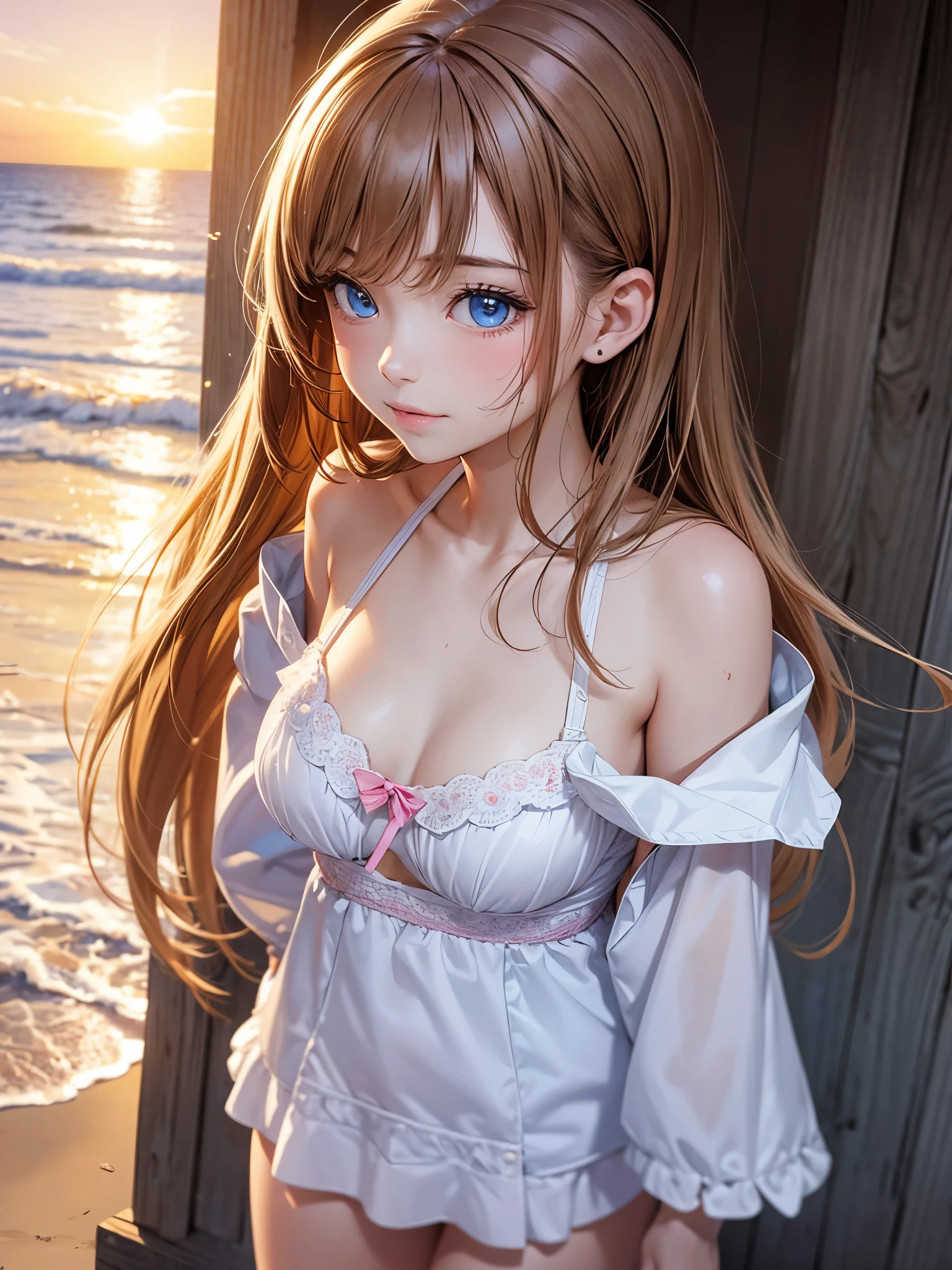 8K、master piece、highest quality、highest level、Highest image quality、muste piece、intricate details、high resolution、depth field、Natural light、professional lighting、(1 person)、solo、Anglo-Saxon girlish girl、(cute:1.2)、very beautiful cartoon girl、(high detail skin: 1.2)、Photorealistic anime girl rendering、Realistic anime 3D style、golden hair with details、crossed bangs、asymmetrical bangs、stick out ears、eyelashes、intense blue eyes、strong eye highlights、perfect anatomy、hands behind the back、very mysterious smile、Attractive、body wet with water、(( girl))、white dress、wearing detailed pink underwear、cute bra、cute panties、sandbeach、beach side、Beach where you can see the sunset at 6pm、red sunset clouds、