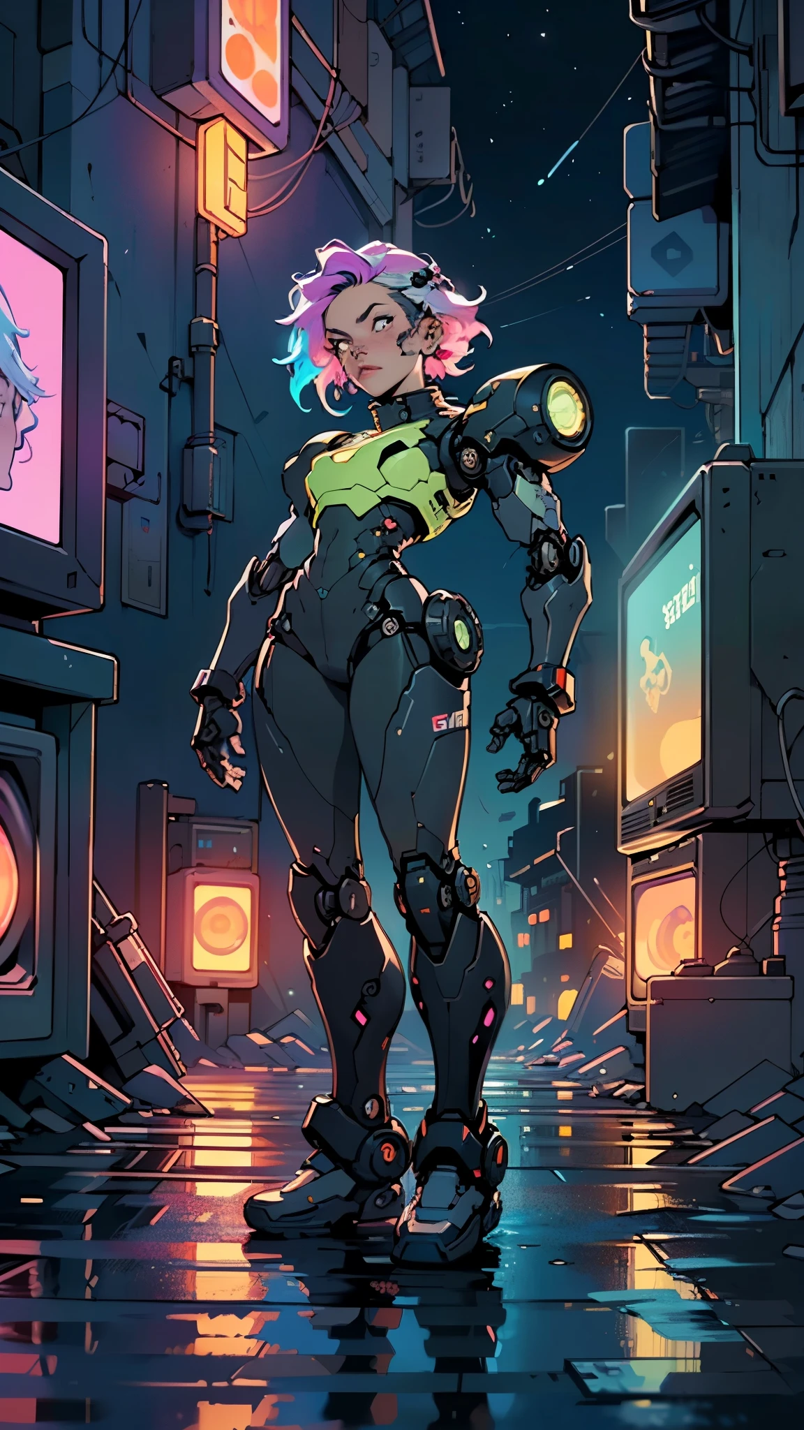 (((TV robot with mechanical arms and legs))),
(((tiny little robot chibi))) with ((((TV head)))). He has (((shaped like a cube with mechanical arms and legs))),and a (((screen on his face))) that displays emoticons and coded messages,Strange head, black tv head,detailed TV head,intricate robot,
(((Object_head,televison_head))),
(dynamic pose:1.0),solo focus,(centered,scale to fit dimensions,Rule of thirds),
cyberpunk city by the ocean at night, with bright neon signs and dark stormy clouds and puddles, scenery:1.25,nighttime, starry night, cosmos,Very dark night that makes the neon lights stand out, very bright neon lights,nighttime, starry night, cosmos,
artistic photography,(photography taken by sldr),highres, sharp focus, (ultra detailed, extremely detailed), (photorealistic artwork:1.37),(extremely detailed CG unity 8k wallpaper),((synthwave background theme)),(((vibrant colors))),(intricate background),(masterpiece),(best quality)