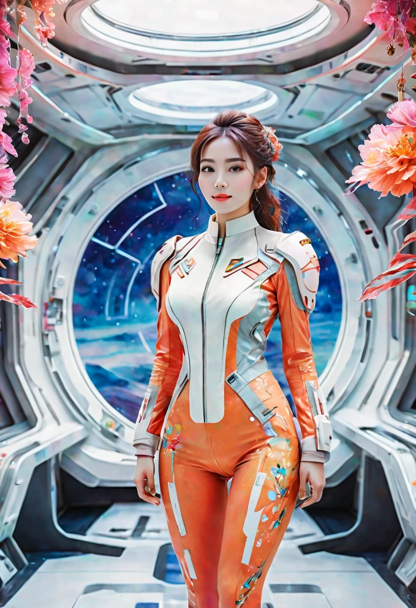 Full-length portrait of a 24-year-old female starship captain，In a futuristic sci-fi scenario，Highlighting her full body image and starship interior。she stands confidently，Captain dressed in futuristic sci-fi style，It is both fashionable and marks her class。her expression will be smiling、Calmness combined with a touch of cuteness，Make her instantly lovable。Background reveals the interior of the starship，Contains advanced technical controls、Screens and futuristic design elements，Enhanced science fiction theme。The scene should capture her leadership qualities and the advanced environment of the starship，Portraying her as a competent and admirable captain in the future world。, (floral watercolor painting:1.5)，(Super high saturation, bright and vivid colors:1.5), (nsfw), (Look at the audience head-on:1.5)