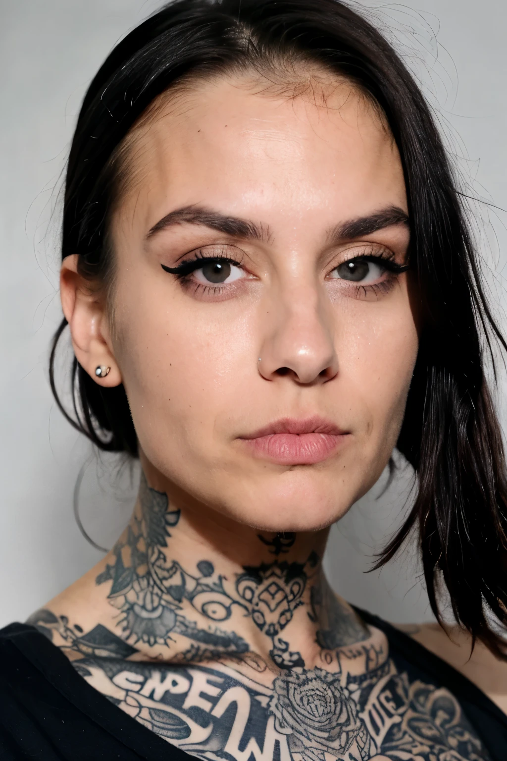 ((beste Qualität)), ((Meisterwerk)), (detailliert), perfektes Gesicht,
cute girl, dark hair, emo, tattoos, neck tattoo, tear running down her cheek, dark background, big eyes, sad emotion in face, septum piercing, beautiful girl, perfect face, looking straight at camera, metalcore