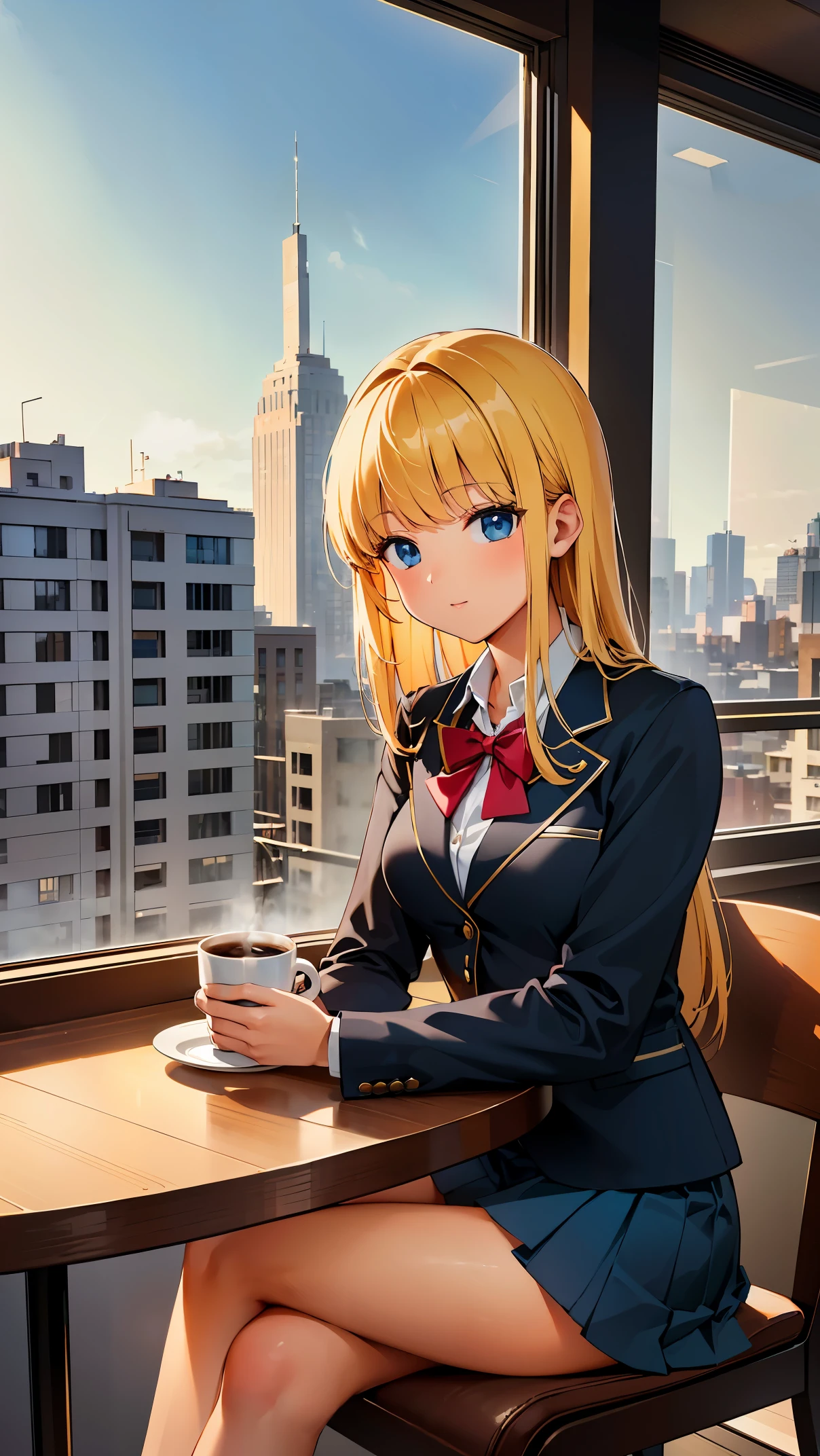 (8K, RAW photo, highest quality, masterpiece: 1.2), High-definition RAW color photo, professional photography, cinematic light, alone, (((young woman, gal))), High school girl drinking coffee at a cafe, (school uniform, collared shirt, blazer, long sleeve, pleated skirt), An illustration, (Portrait), (Detailed facial features), (casually sitting with legs crossed), (comfortable, sipping coffee from a mug), (read a book), (soft background music), (the smell of freshly brewed coffee), (pastry plate on the table), artistic bokeh, Sunlight from the window, Beautiful city view outside the cafe, peaceful atmosphere, highest quality, 4k, High resolution, masterpiece:1.2, Super detailed, real:1.37, HDR, (realism:1.37), (High resolution), (Bright colors彩), (studio lighting),(bright atmosphere), professional, Bright colors, Subtle warm tones, soft natural light