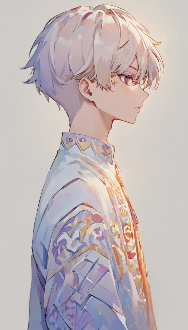(white background:1.4),(Silhouette of a boy's head, close your eyes, Colorful, oriental elements), ((Chinese Illustration:1.3)),paper art:1.3, Quilted paper art:1.2),( reasonable design, sharp lines, High sharpness,highest quality, very detailed, masterpiece, movie light effects, 4K ),pale skin and short, white hair with an undercut on the lower third of the back of the head, but、,He has been noted by others to be as handsome as a model,no matter what he wears, He has a tag on the chain that suggests personal dedication, ,he is two thin, purple rings on index and ring fingers, respectively,There are holes in both ears、two are on a short chain,He wears earrings that look like small rings with isosceles triangles dangling from them.