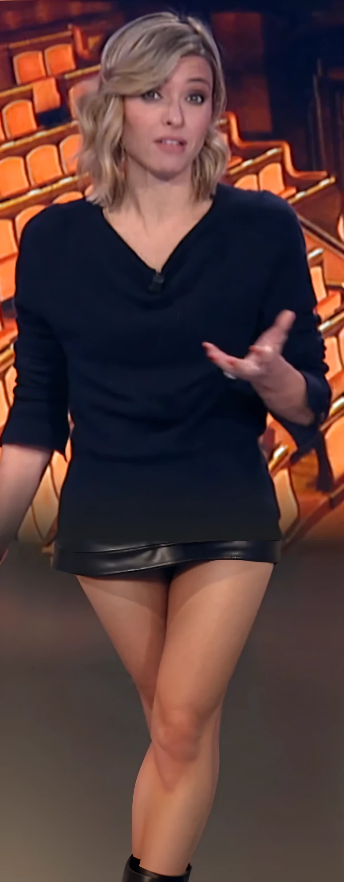 leather miniskirt with long bare legs