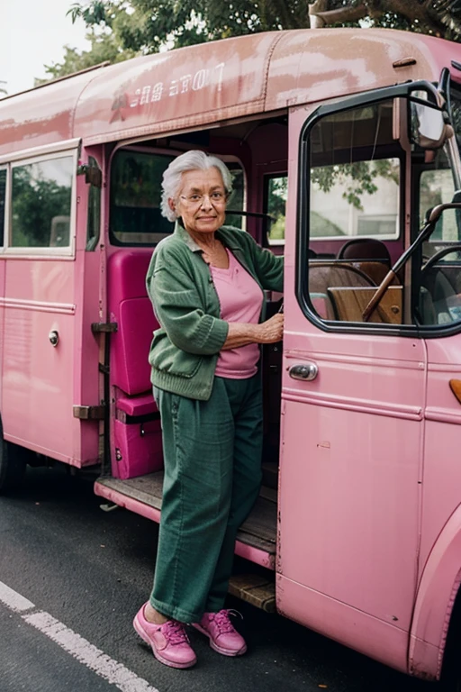 old lady driving a pink bus with green square wheels