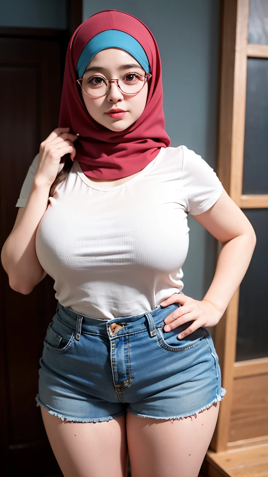 wanita berhijab syariah, short dress, sneakers, chubby cheeks, chubby arm, chubby, glasses, big breast, hot pants, chubby tight, wearing a hijab, bbw, bbc, cute girl, mature and plump, plump woman, clean and smooth pics, all star, high quality, best quality, good vibes, nice look