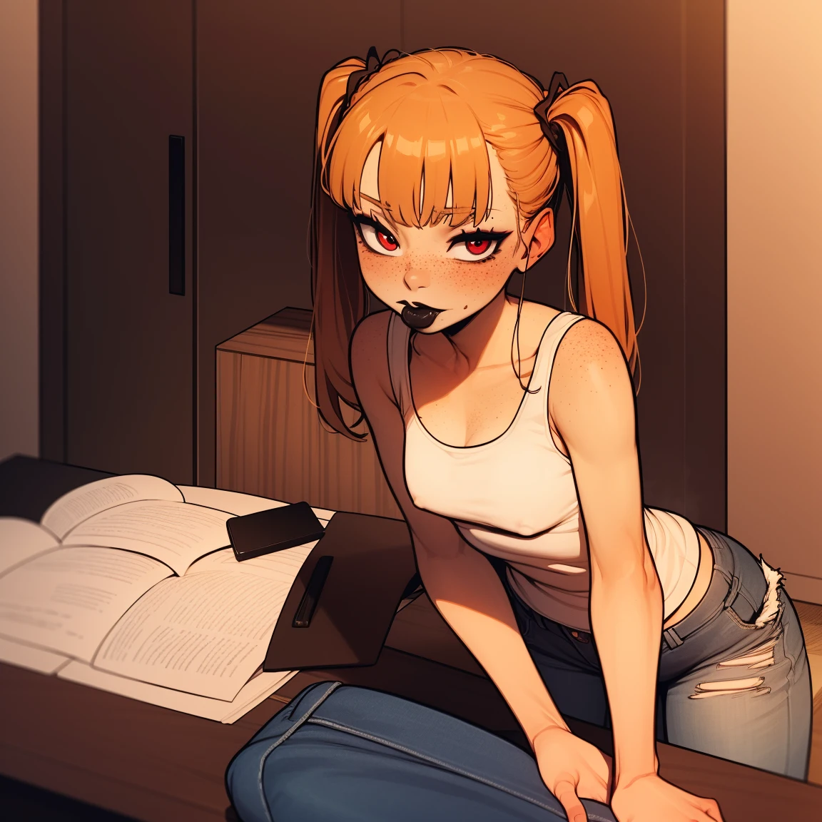 Ginger woman, braided twin tails, freckles, black tank top, jeans, tattoos, interior background, black lipstick, thin, petite, red eye shadow, braided twintails, ginger hair, ginger hair, skinny, bangs, leaning over desk, looking at viewer, black lipstick, black lipstick