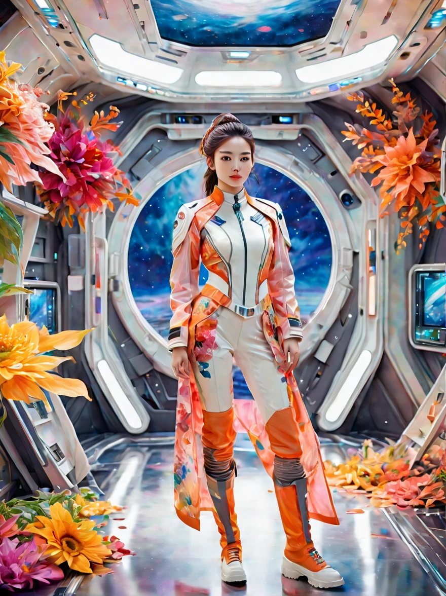 Full-length portrait of a 24-year-old female starship captain，In a futuristic sci-fi scenario，Highlighting her full body image and starship interior。she stands confidently，Captain dressed in futuristic sci-fi style，It is both fashionable and marks her class。her expression will be smiling、Calmness combined with a touch of cuteness，Make her instantly lovable。Background reveals the interior of the starship，Contains advanced technical controls、Screens and futuristic design elements，Enhanced science fiction theme。The scene should capture her leadership qualities and the advanced environment of the starship，Portraying her as a competent and admirable captain in the future world。, (floral watercolor painting:1.5)，(Super high saturation, bright and vivid colors:1.5), (nsfw), (Look at the audience head-on:1.5)