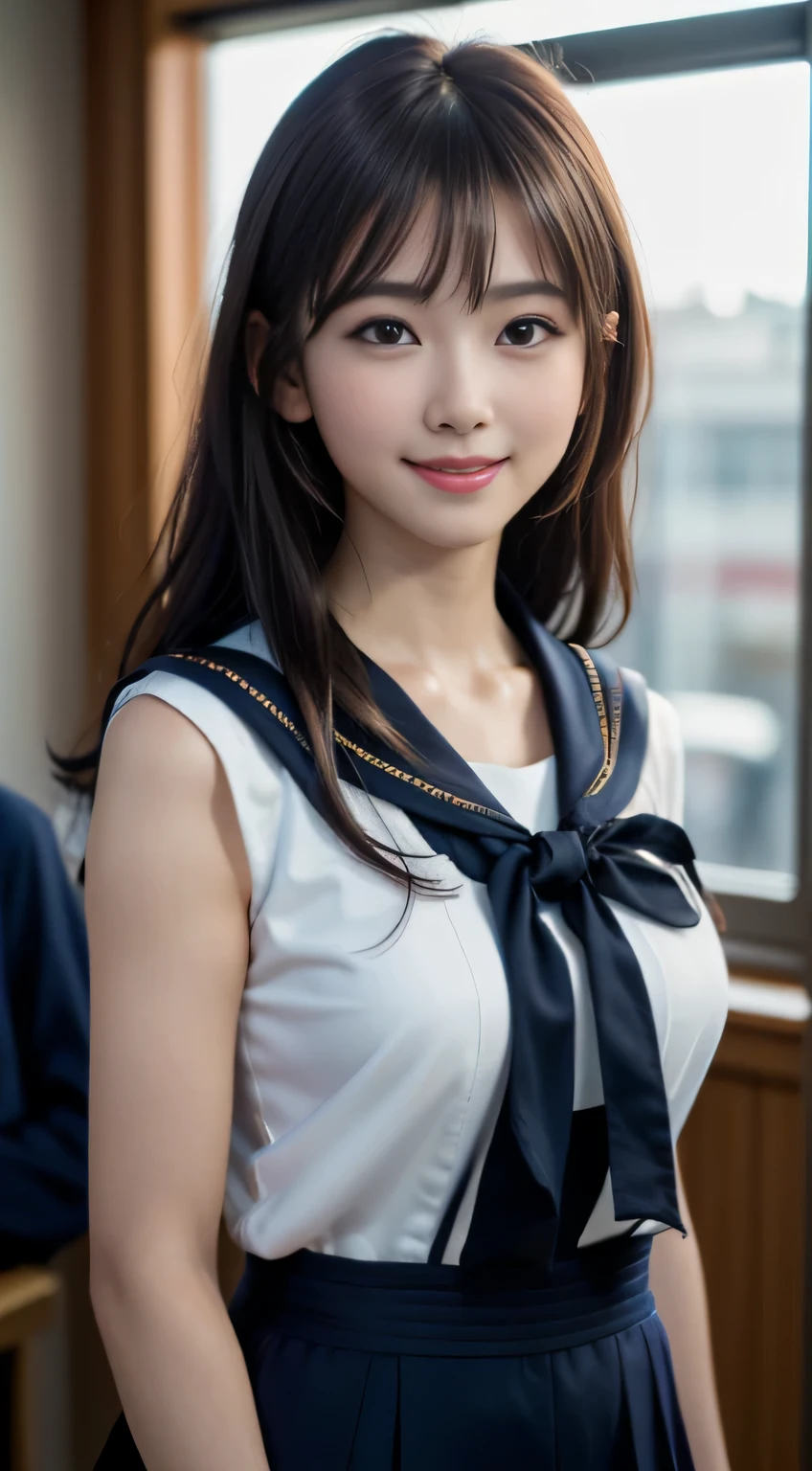 school uniform、sailor suit、Face Interview, (Photoreal:1.4), (hyper realistic:1.4), (realistic:1.3), (smooth lighting:1.05), (Improve video lighting quality:0.9), 1 female, female, realistic lighting, Backlight, facial light, ray tracing, (cheerfulness:1.2), (Improved image quality:1.4), (Highest quality realistic textured skin), finely tuned, small face, smile, baby face, s, slender body, medium-breasted pointed jaws,,,,,,,,,,,,, Japan idol system, Nogizaka idol, glowing skin, fiery idol pose, P, dull bangs, black hair, hair behind the ear, shoulder hair, long hair,Summer plateau、no makeup、Inside the high school classroom、(紺色の長袖sailor suit:1.5)