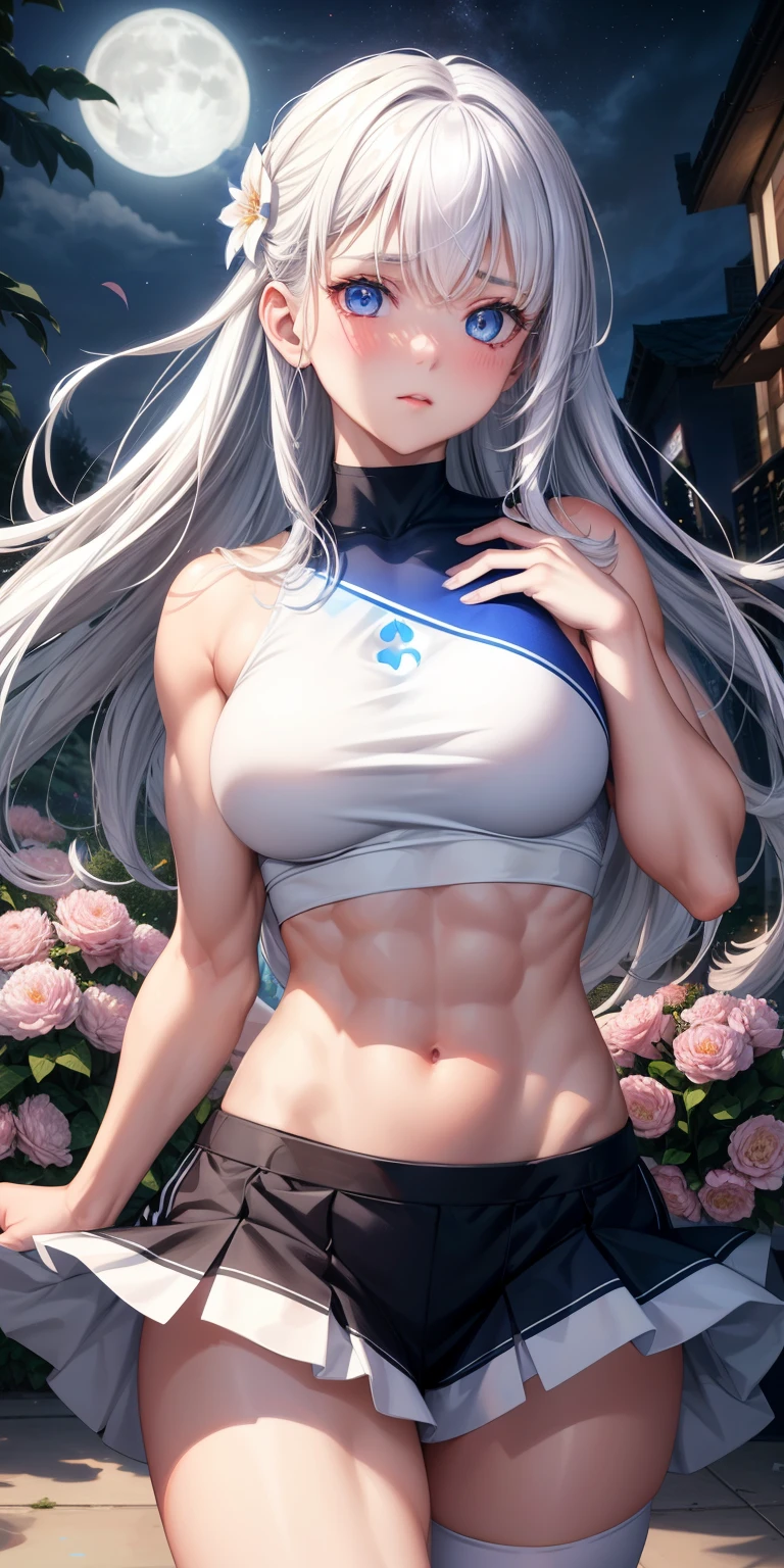 actual, 1 girl, white hair, blue eyes, glowing eyes, crop top, skirt, open lips, blush, Gym, flowers, night, moonlight, abdominal muscles, muscle , biceps