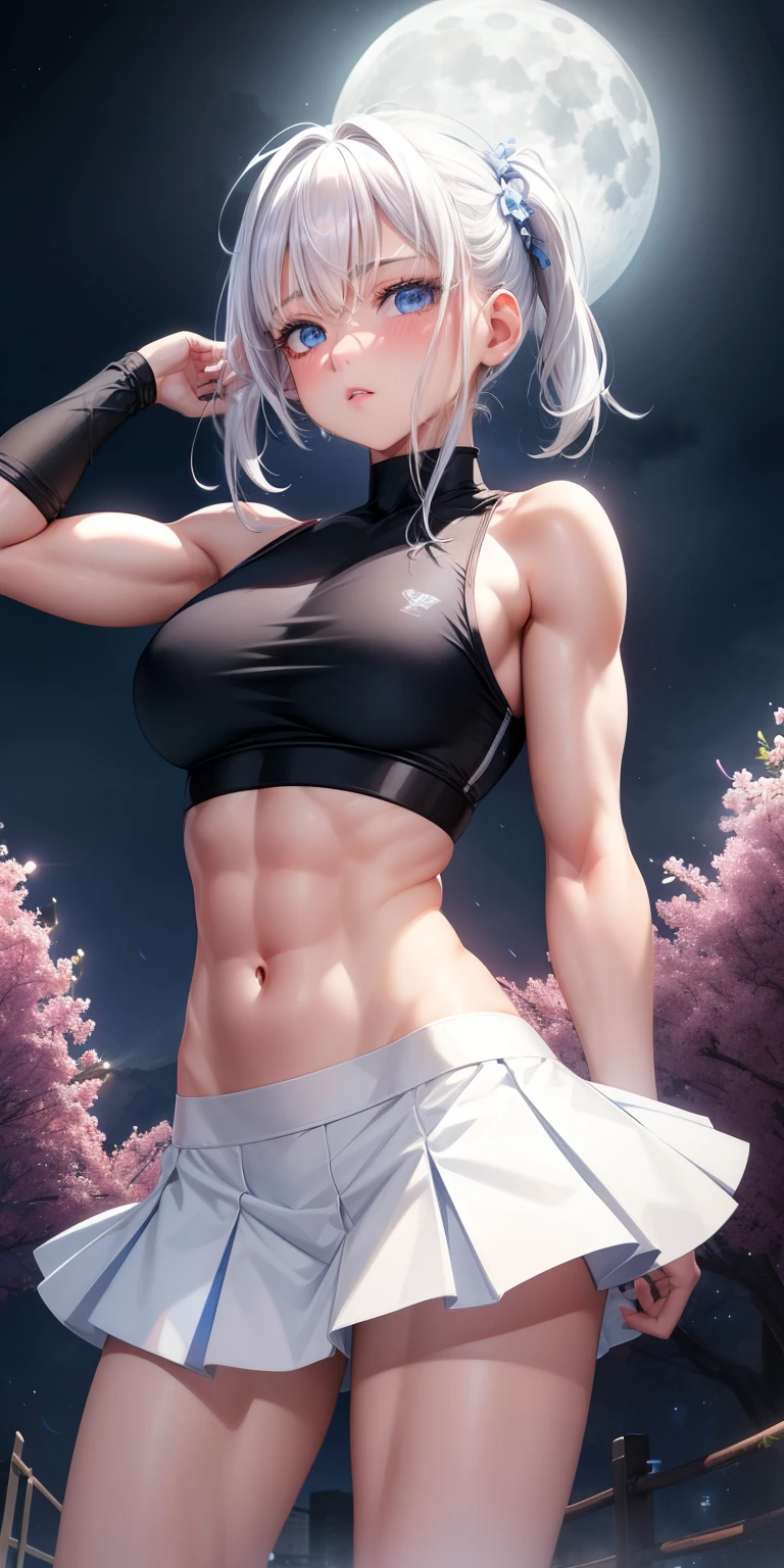 actual, 1 girl, white hair, blue eyes, glowing eyes, crop top, skirt, open lips, blush, Gym, flowers, night, moonlight, abdominal muscles, muscle , biceps