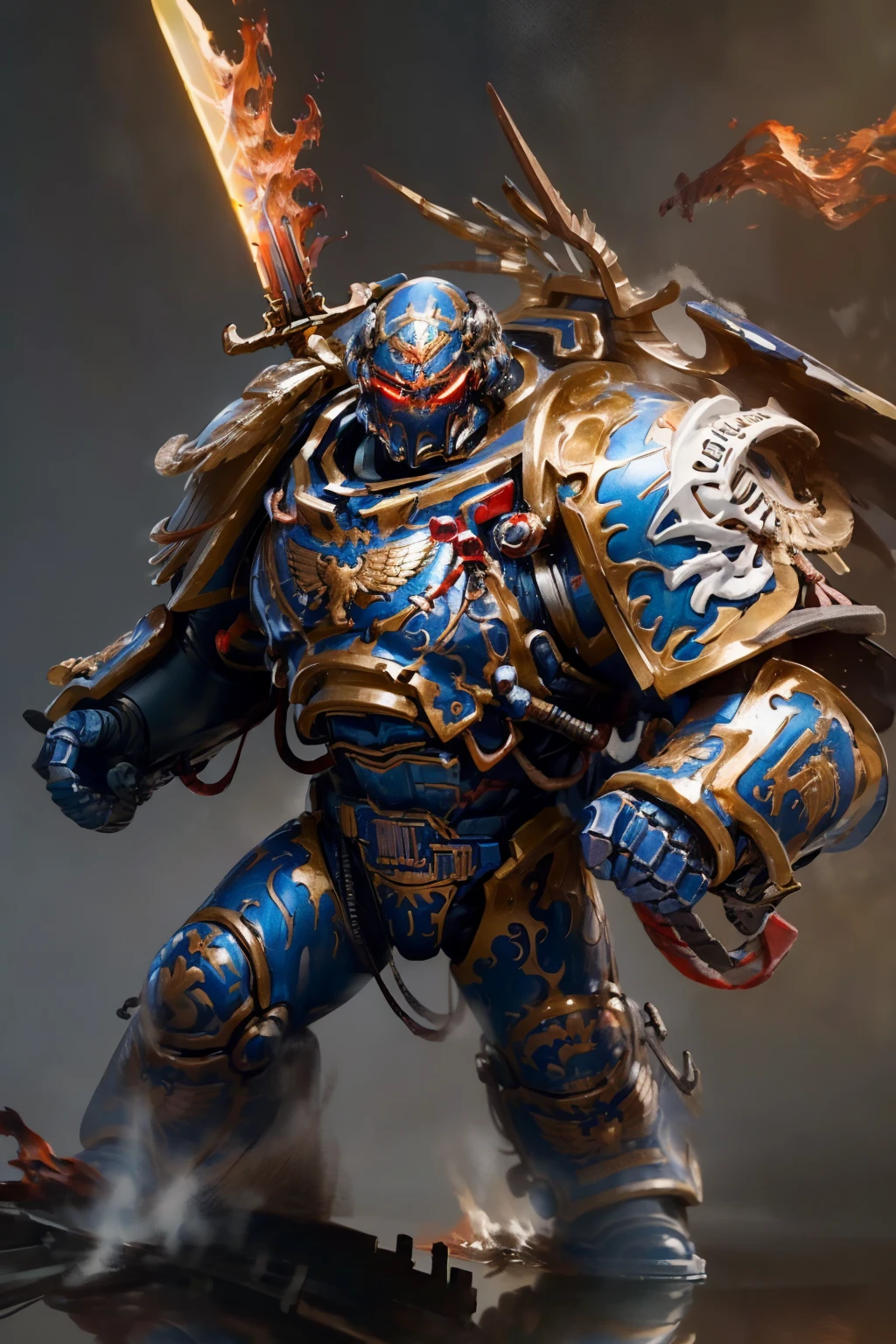 (highly detailed:1.4), digital render, smooth, sharp focus, full body 8k render, action shot, realistic reflections, cinematic composition, 1man, ((solo:1.3)), helmet detail, helm detail, glowing red eyes, (tall stature:1.1) guilliman, ammunition belt, arm cannon, holding sword, flaming sword, full armor.   